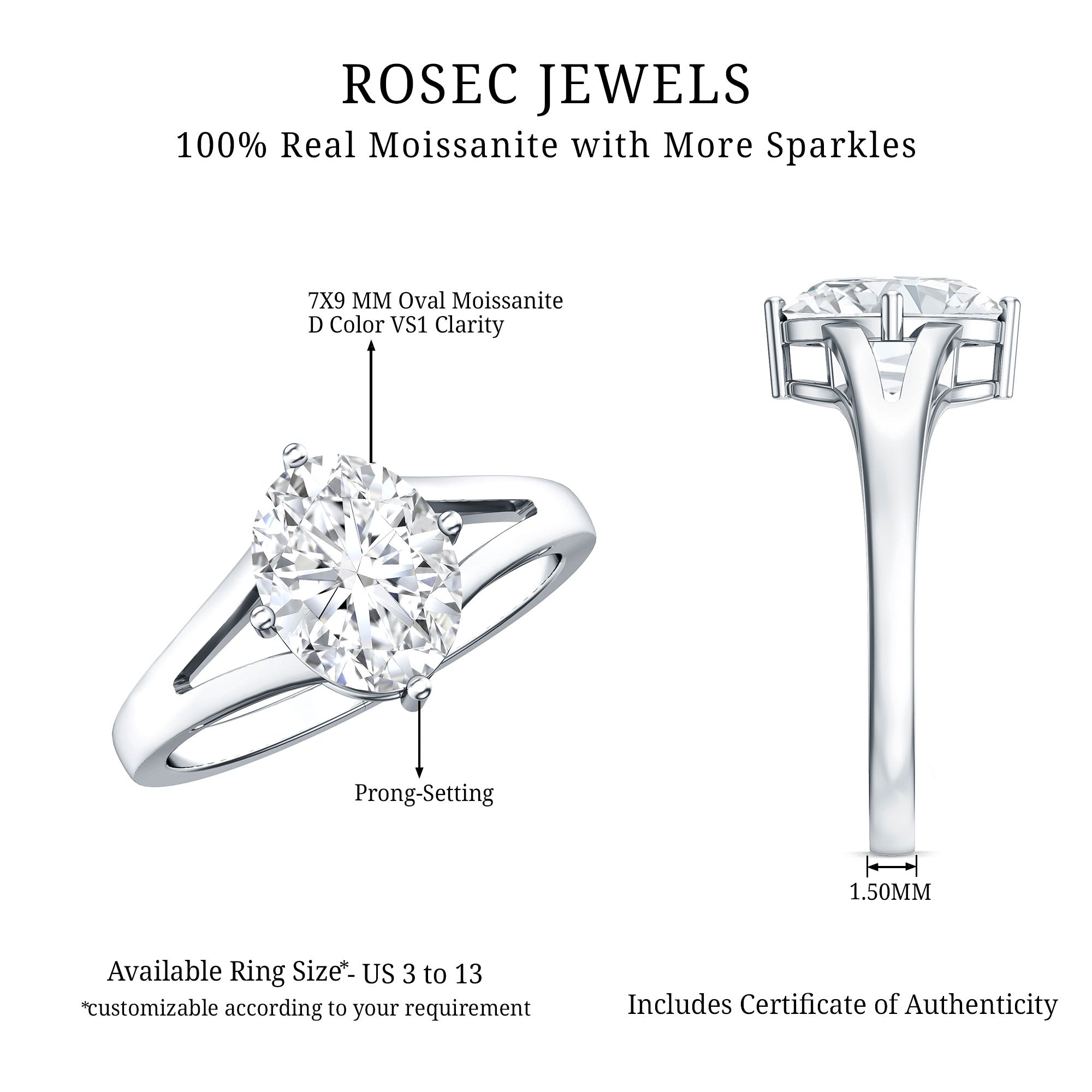 Rosec Jewels-Oval Cut Moissanite Solitaire Engagement Ring in Split Shank