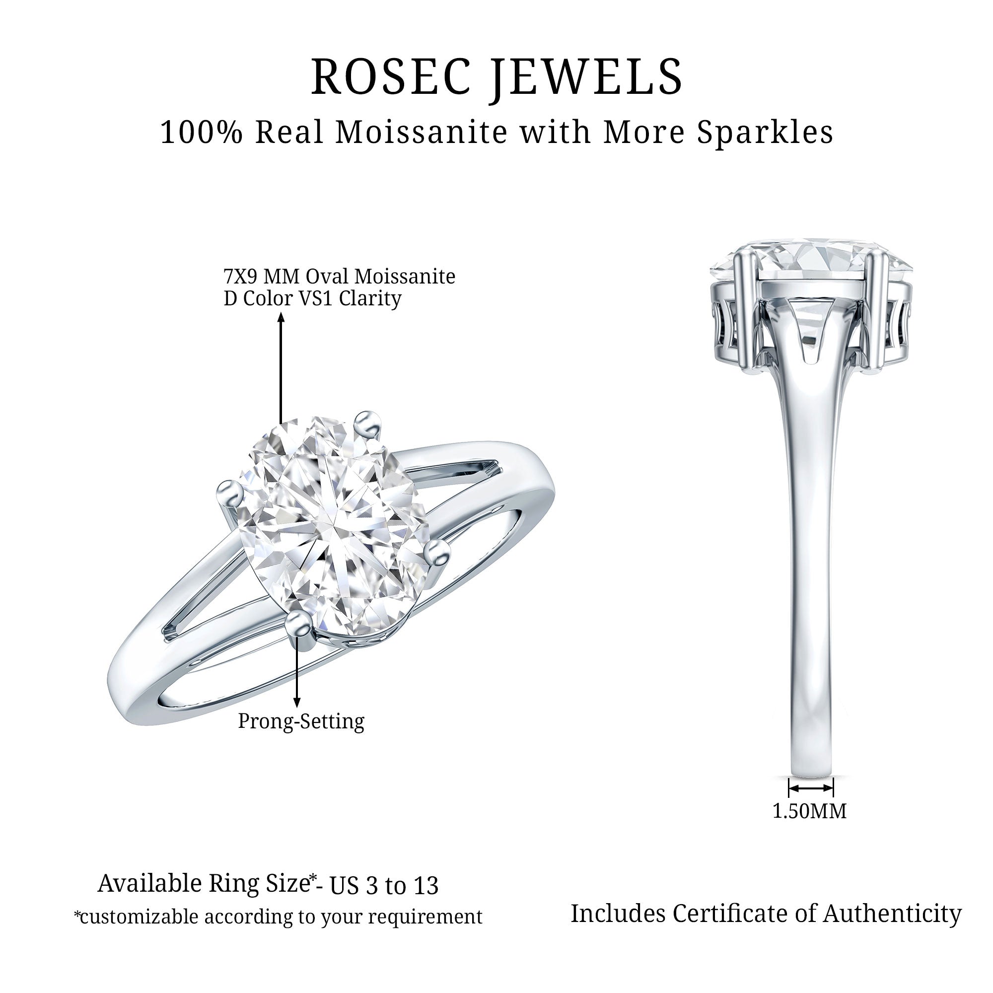 Rosec Jewels-Solitaire Oval Cut Moissanite Split Shank Engagement Ring