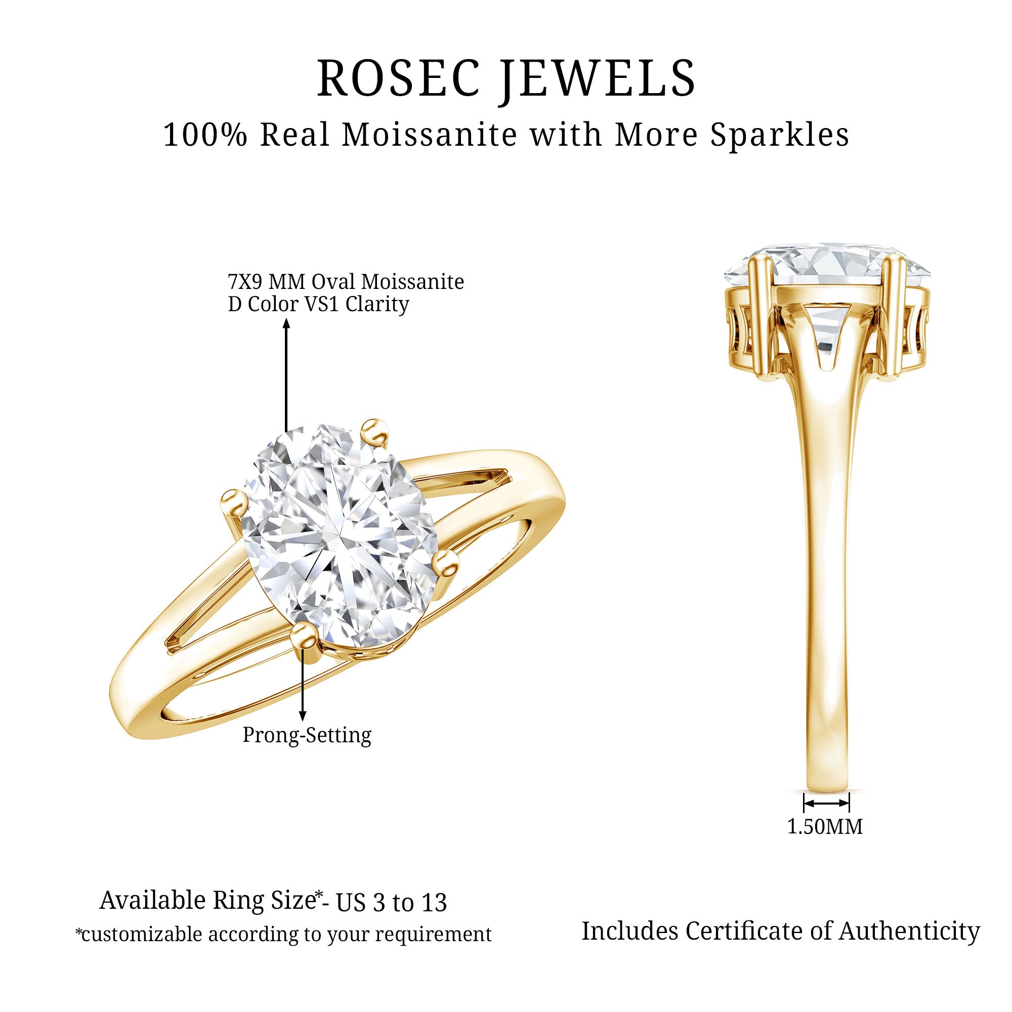 Rosec Jewels-Solitaire Oval Cut Moissanite Split Shank Engagement Ring