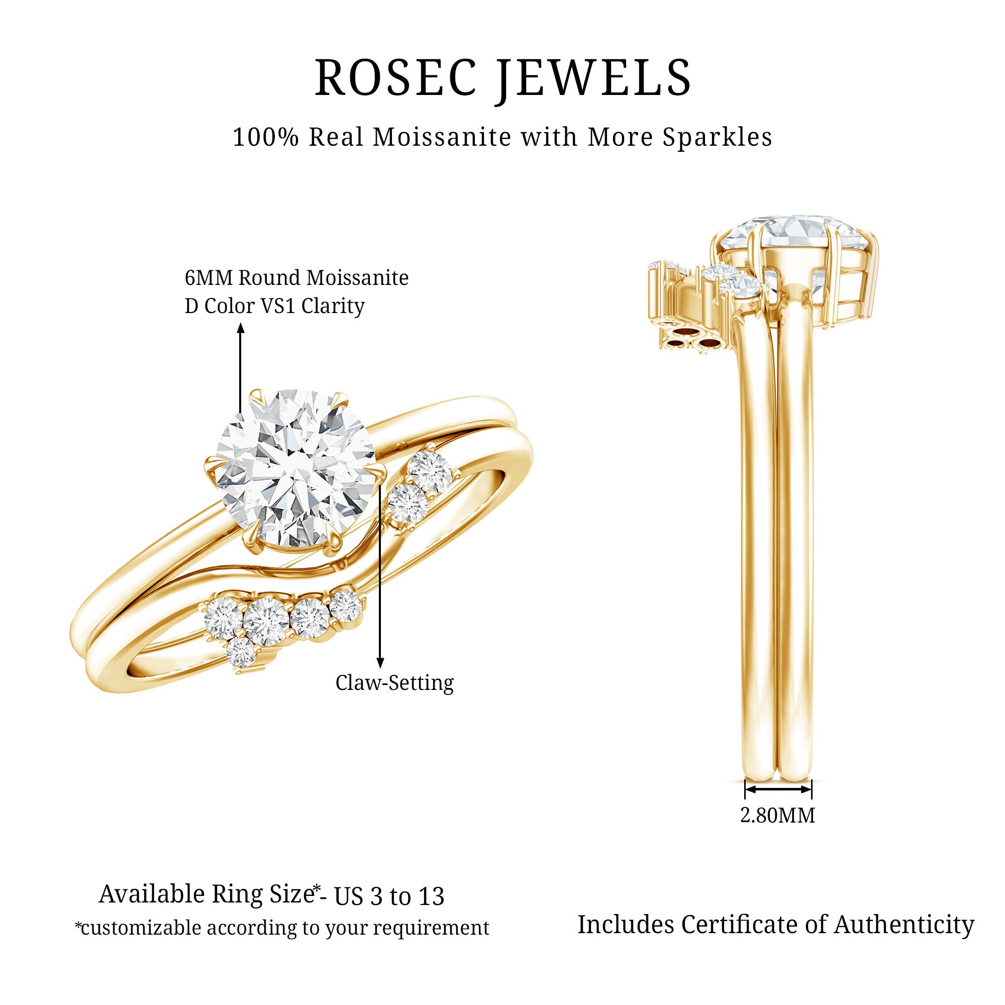 Rosec Jewels-Solitaire Moissanite Wedding Ring Set for Her