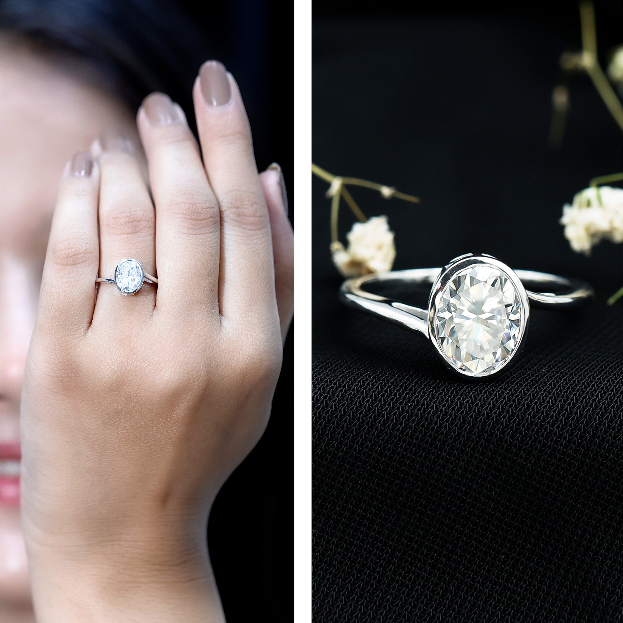 Rosec Jewels-Solitaire 7X9 MM Moissanite Oval Engagement Ring with Bypass Shank