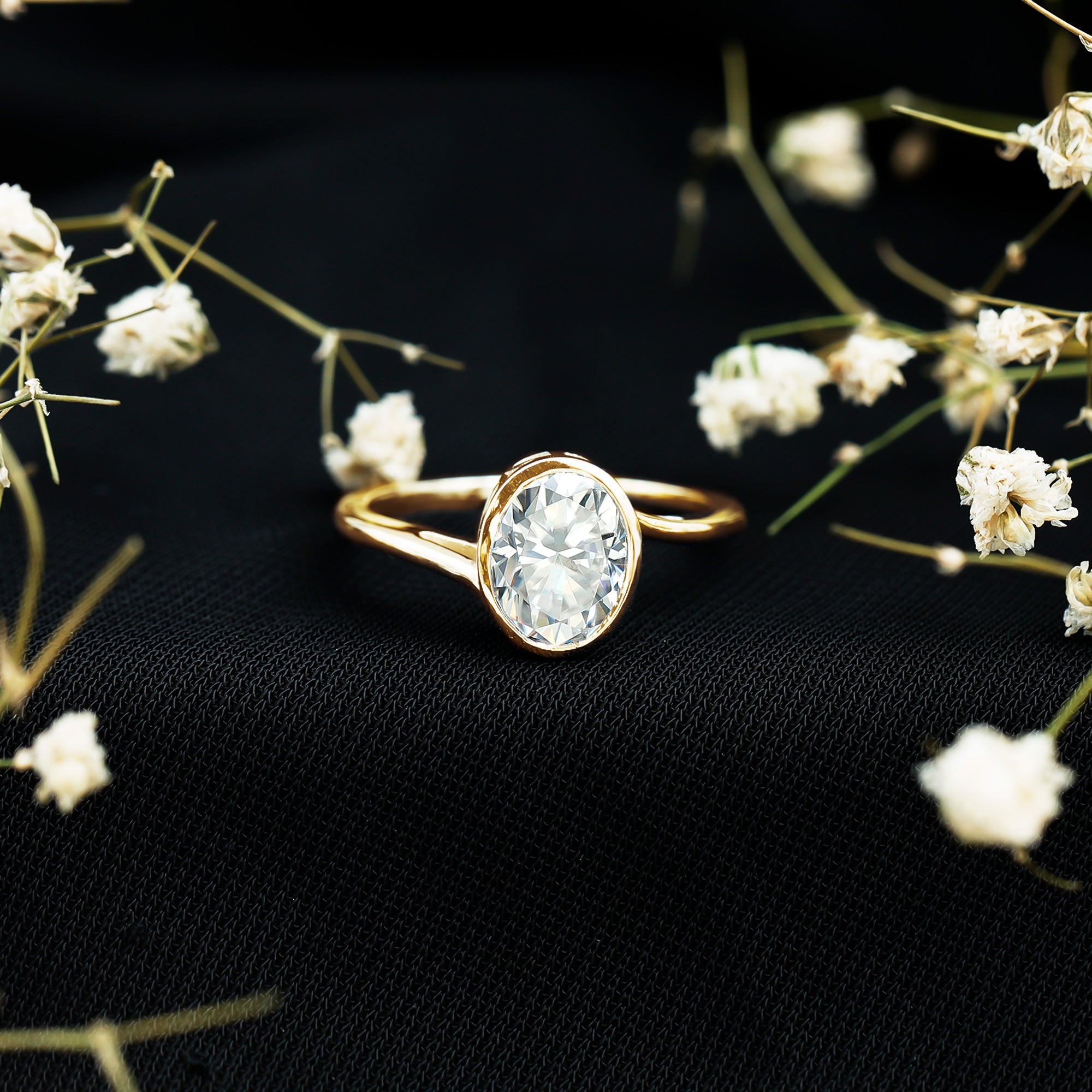 Rosec Jewels-Solitaire 7X9 MM Moissanite Oval Engagement Ring with Bypass Shank