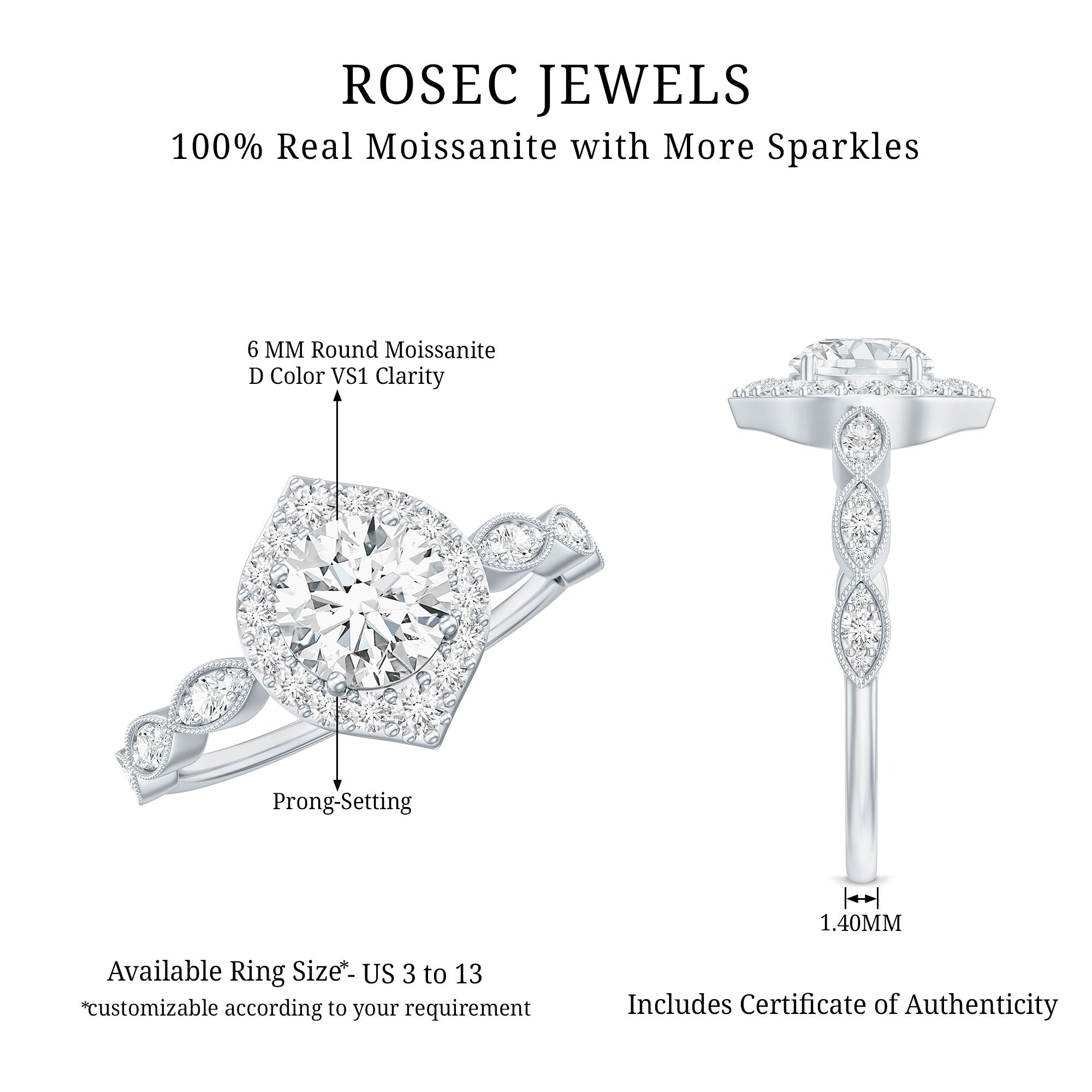 Antique Style Moissanite Halo Engagement Ring D-VS1 - Rosec Jewels