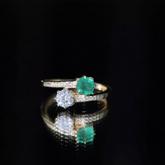 Rosec Jewels-Emerald and Moissanite Two Stone Engagement Ring in Bypass Shank
