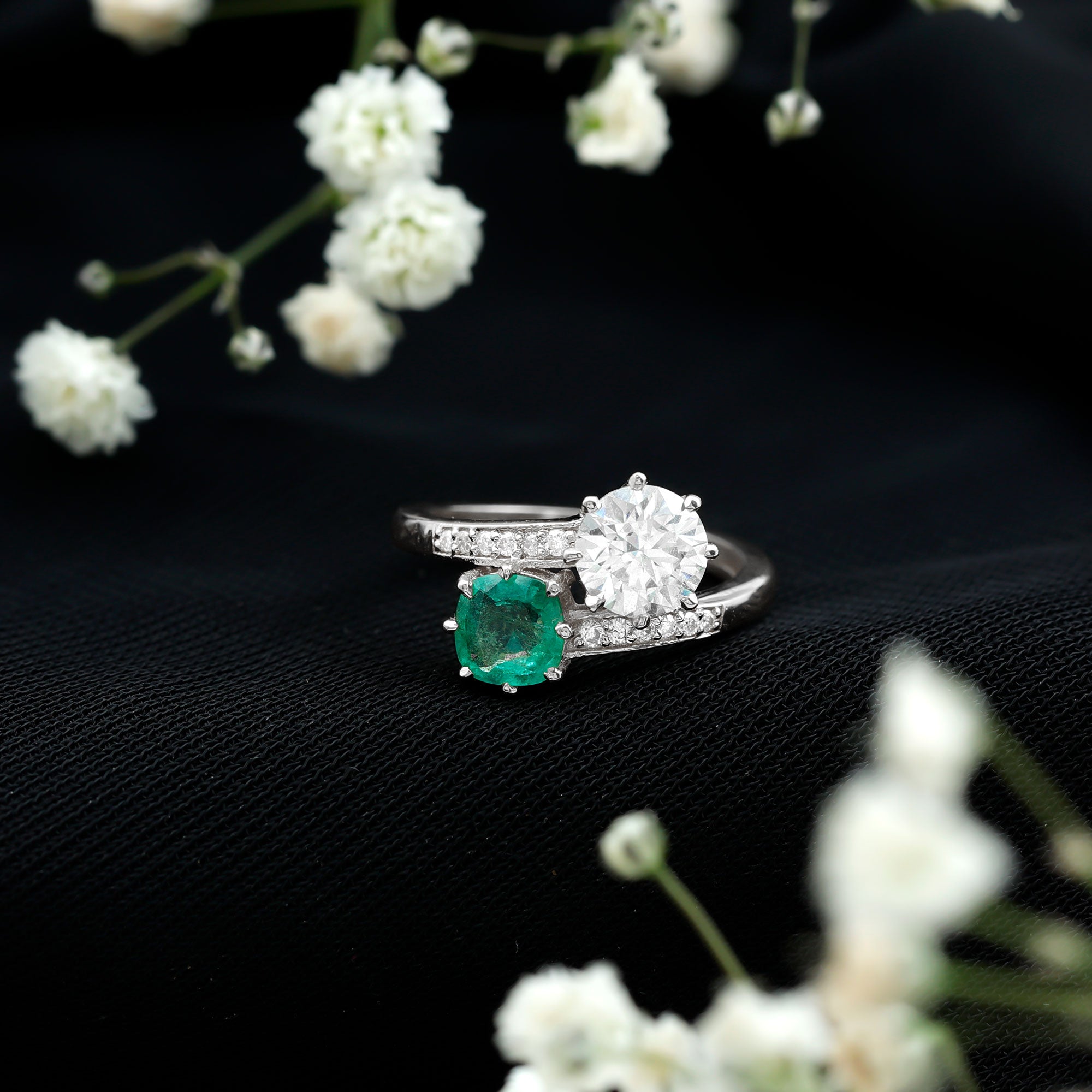 Rosec Jewels-Emerald and Moissanite Two Stone Engagement Ring in Bypass Shank