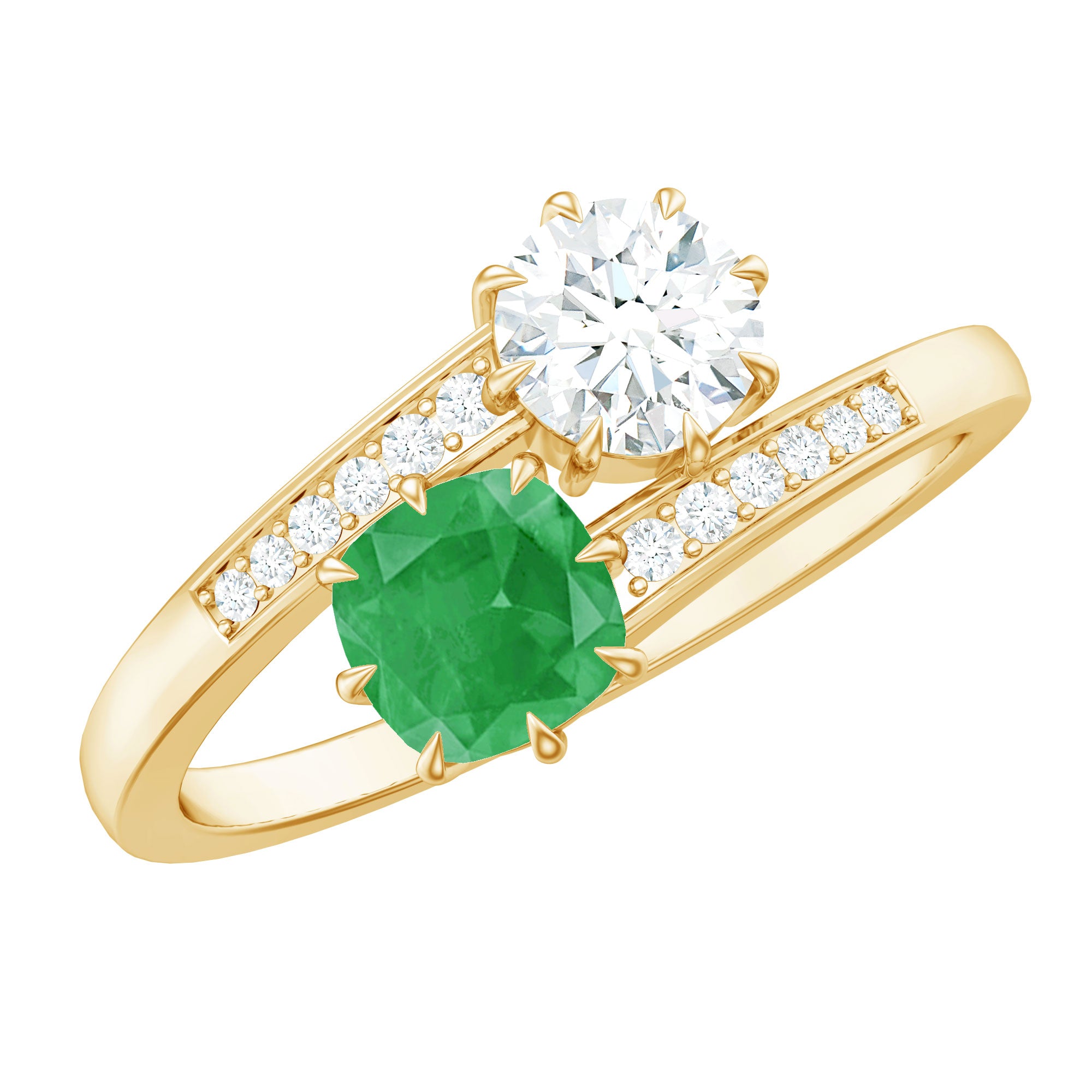 Rosec Jewels-Emerald and Moissanite Two Stone Engagement Ring in Bypass Shank