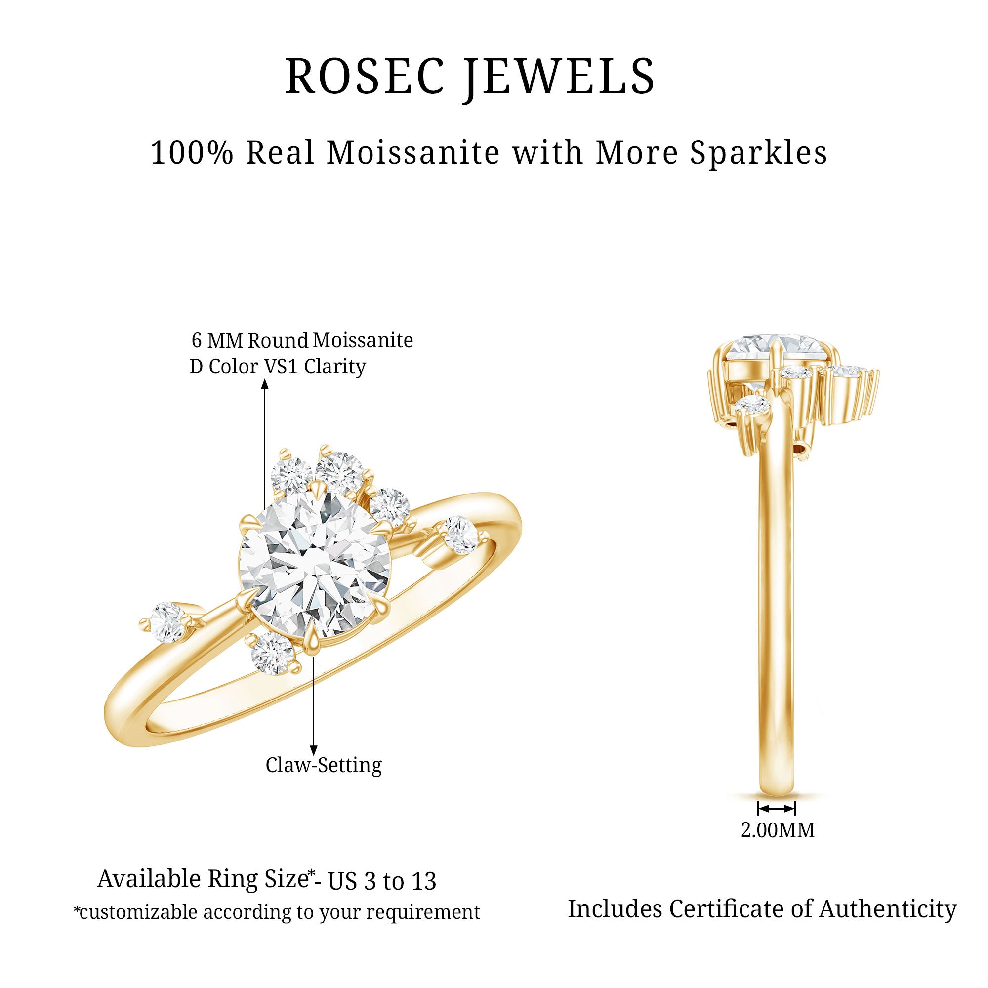 Rosec Jewels-Round Cut Scatter Moissanite Unique Engagement Ring