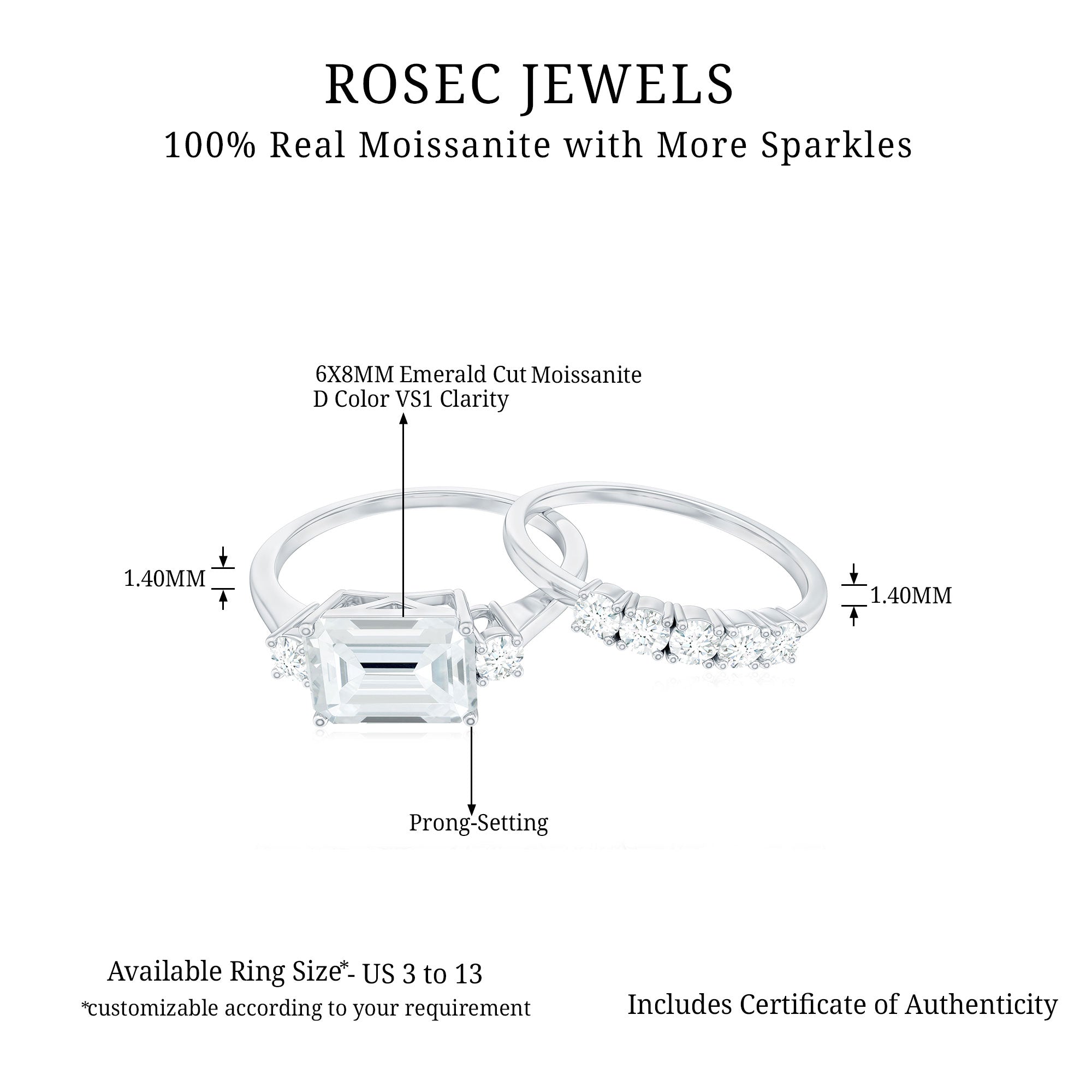 Emerald Cut Moissanite East West Wedding Ring Set Moissanite - ( D-VS1 ) - Color and Clarity - Rosec Jewels