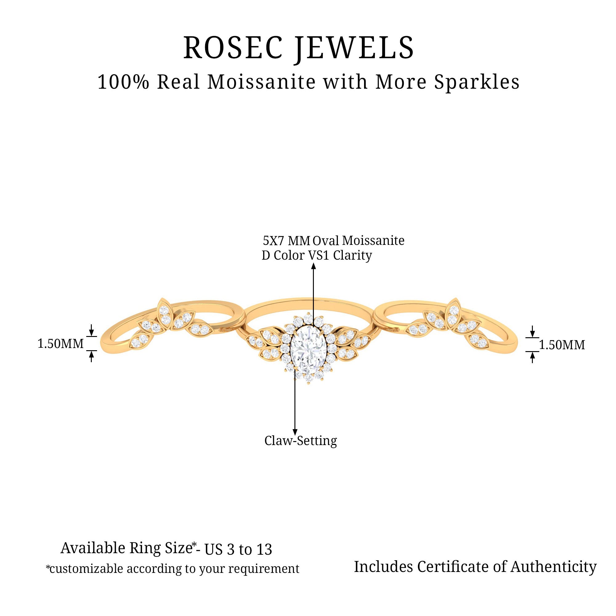 Moissanite Vintage Wedding Ring Set of 3 Moissanite - ( D-VS1 ) - Color and Clarity - Rosec Jewels