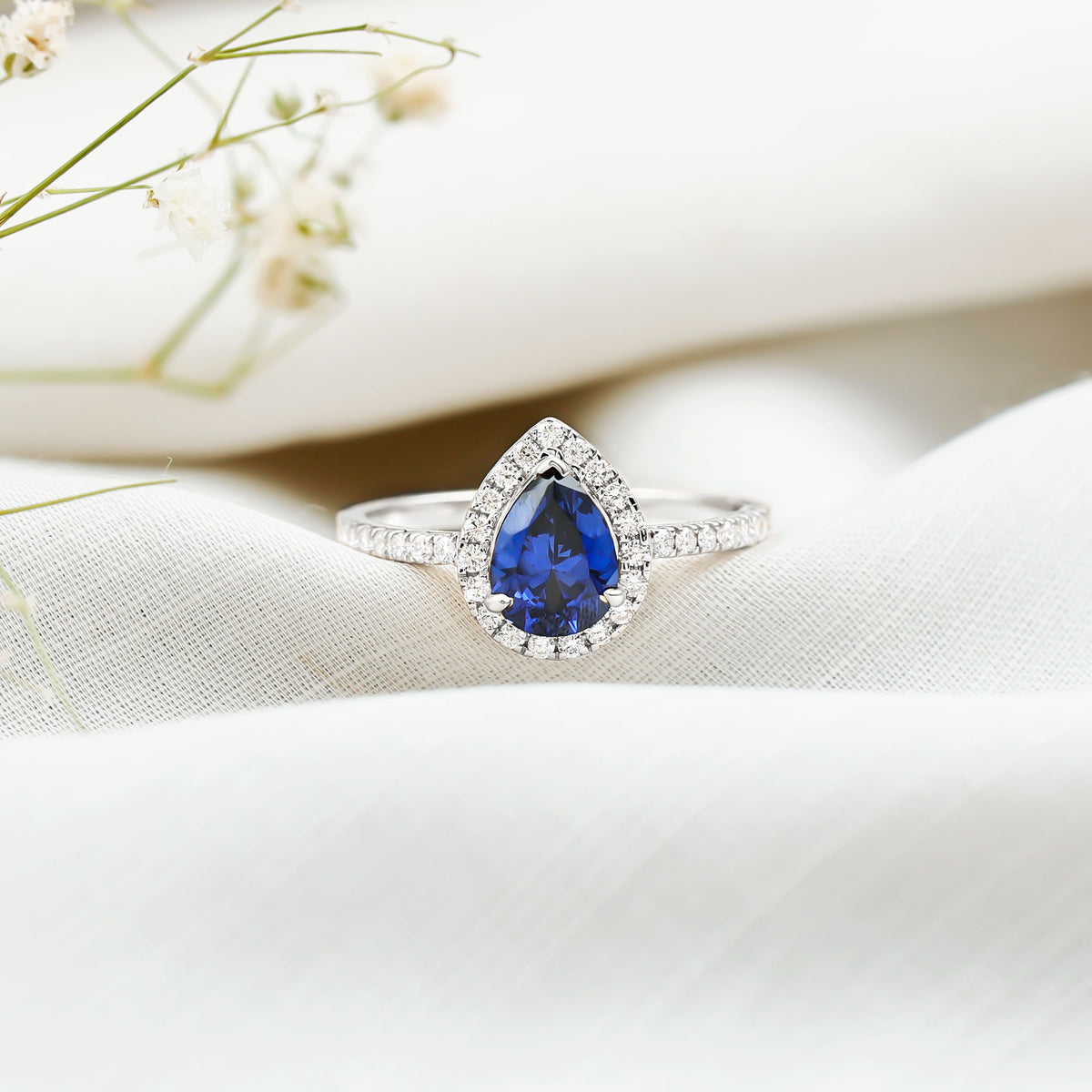 Certified 1.6 Carat Lab Grown Blue Sapphire Teardrop Engagement Ring with Diamond Halo AAAA - Rosec Jewels