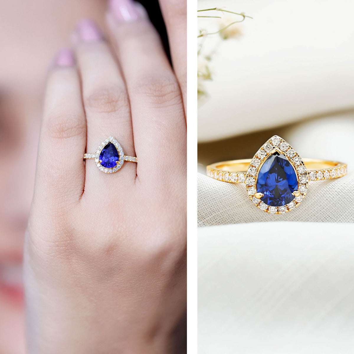 Certified 1.6 Carat Lab Grown Blue Sapphire Teardrop Engagement Ring with Diamond Halo AAAA - Rosec Jewels