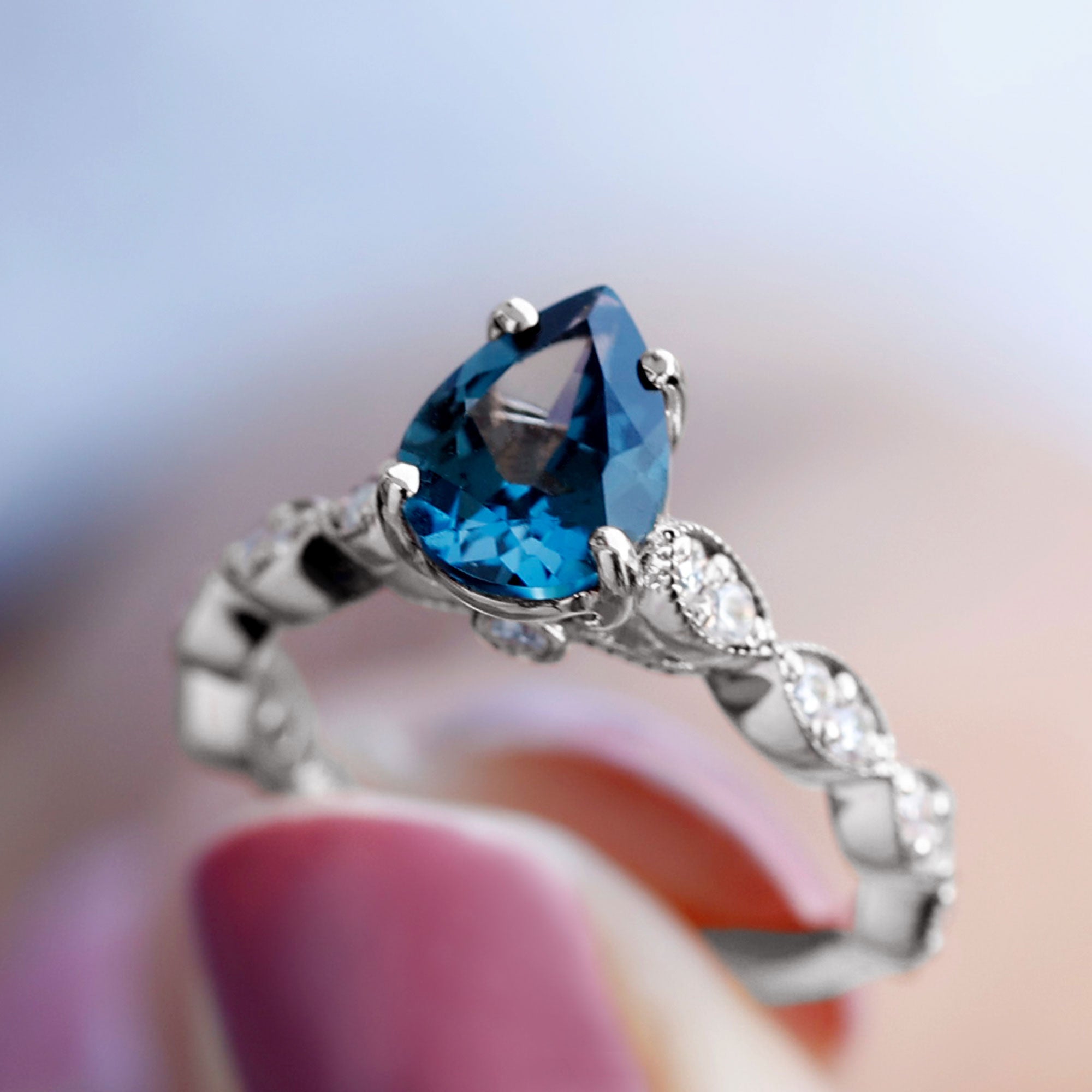 1.25 CT Teardrop London Blue Topaz Solitaire Ring with Diamond London Blue Topaz - ( AAA ) - Quality - Rosec Jewels