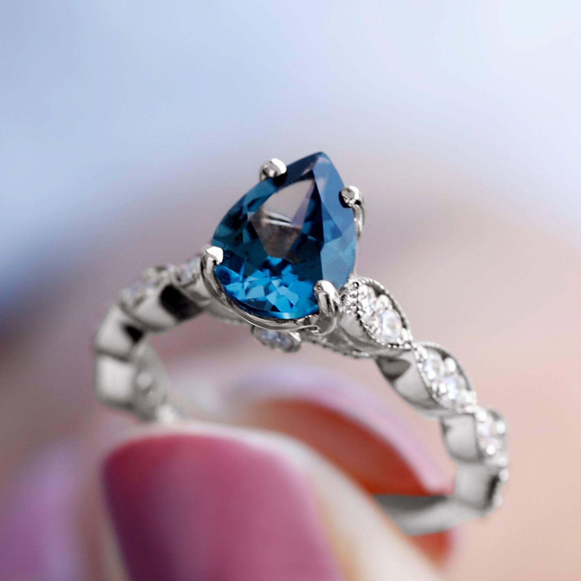 Rosec Jewels-Pear Shaped London Blue Topaz and Diamond Engagement Ring For Women