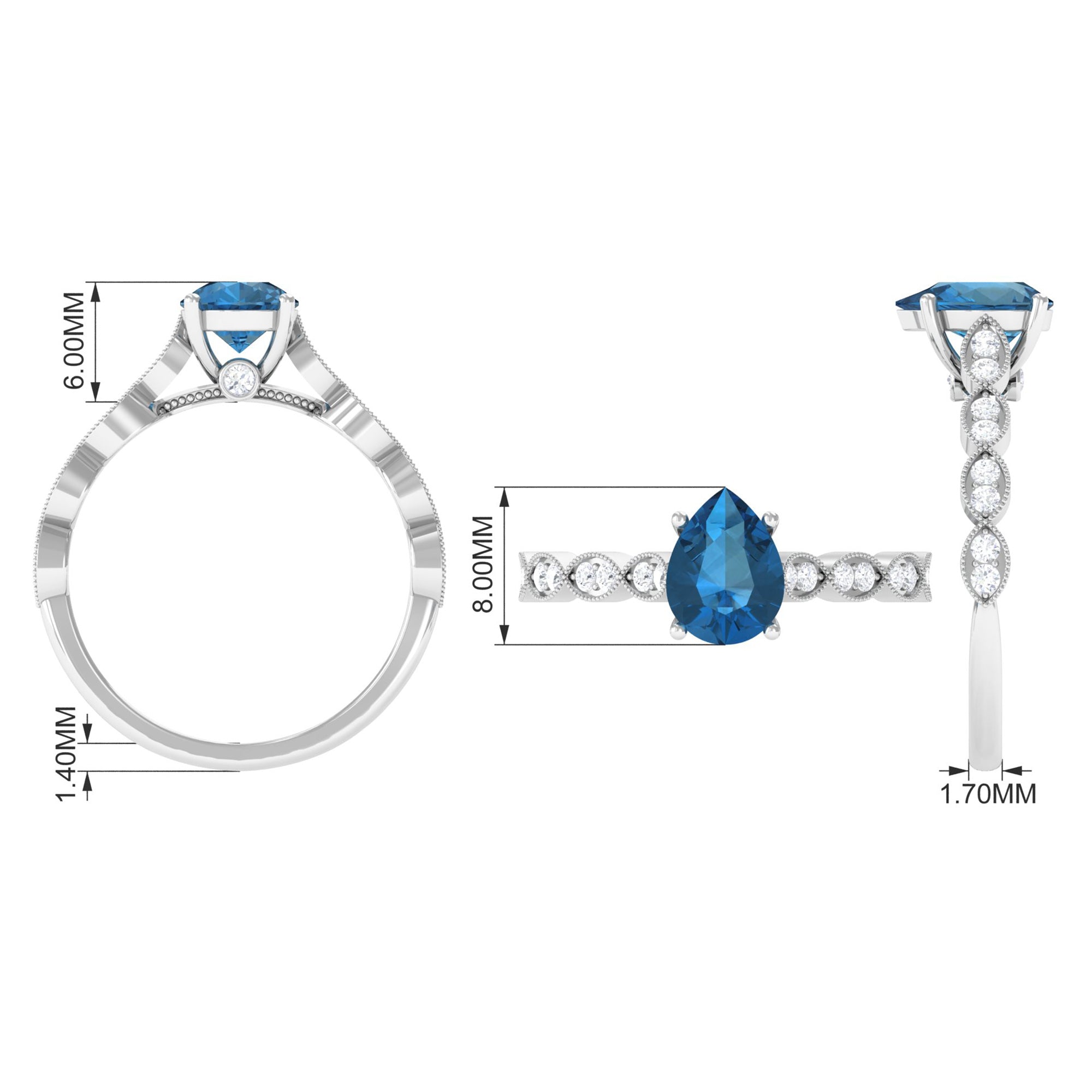 1.25 CT Teardrop London Blue Topaz Solitaire Ring with Diamond London Blue Topaz - ( AAA ) - Quality - Rosec Jewels