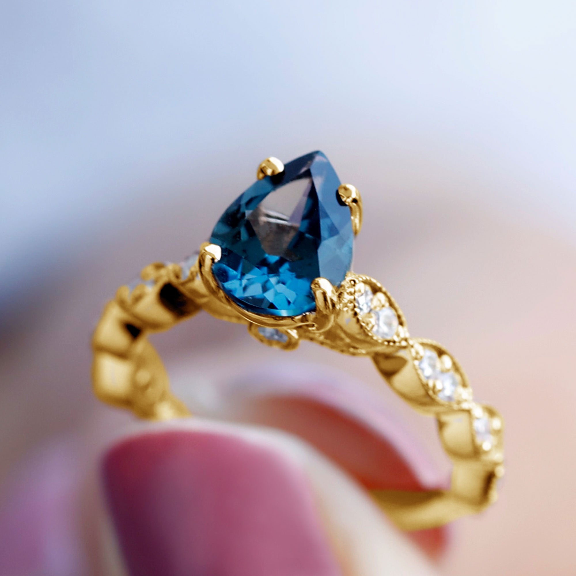 Rosec Jewels-Pear Shaped London Blue Topaz and Diamond Engagement Ring For Women
