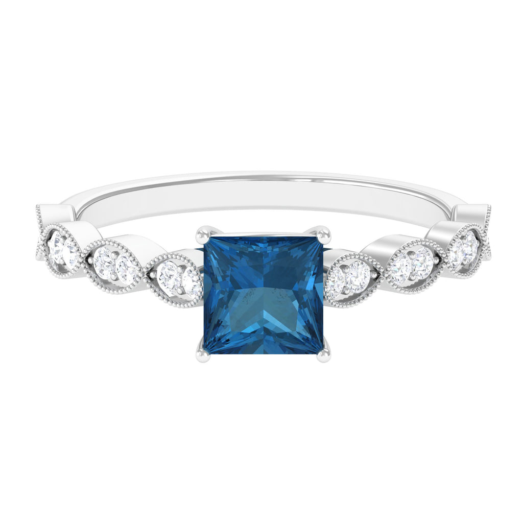 1 CT Princess Cut London Blue Topaz Solitaire Ring with Diamond London Blue Topaz - ( AAA ) - Quality - Rosec Jewels