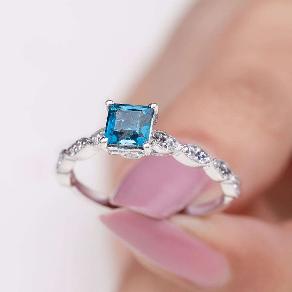 Rosec Jewels - 1 CT Princess Cut London Blue Topaz Solitaire Ring with Diamond