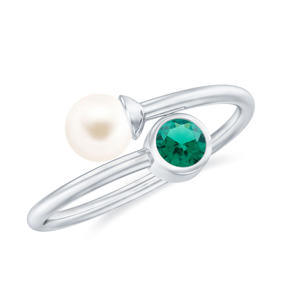 Freshwater Pearl and Created Emerald Wrap Ring in Silver - Rosec Jewels