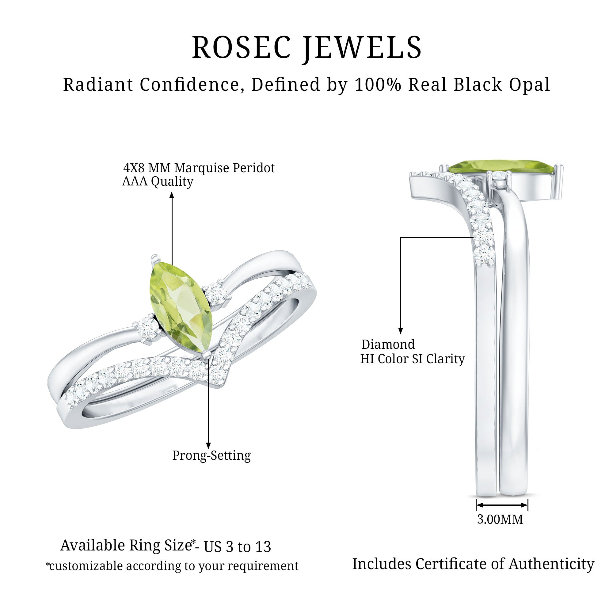 Rosec Jewels-Marquise Cut Peridot Solitaire Wedding Ring Set with Diamond