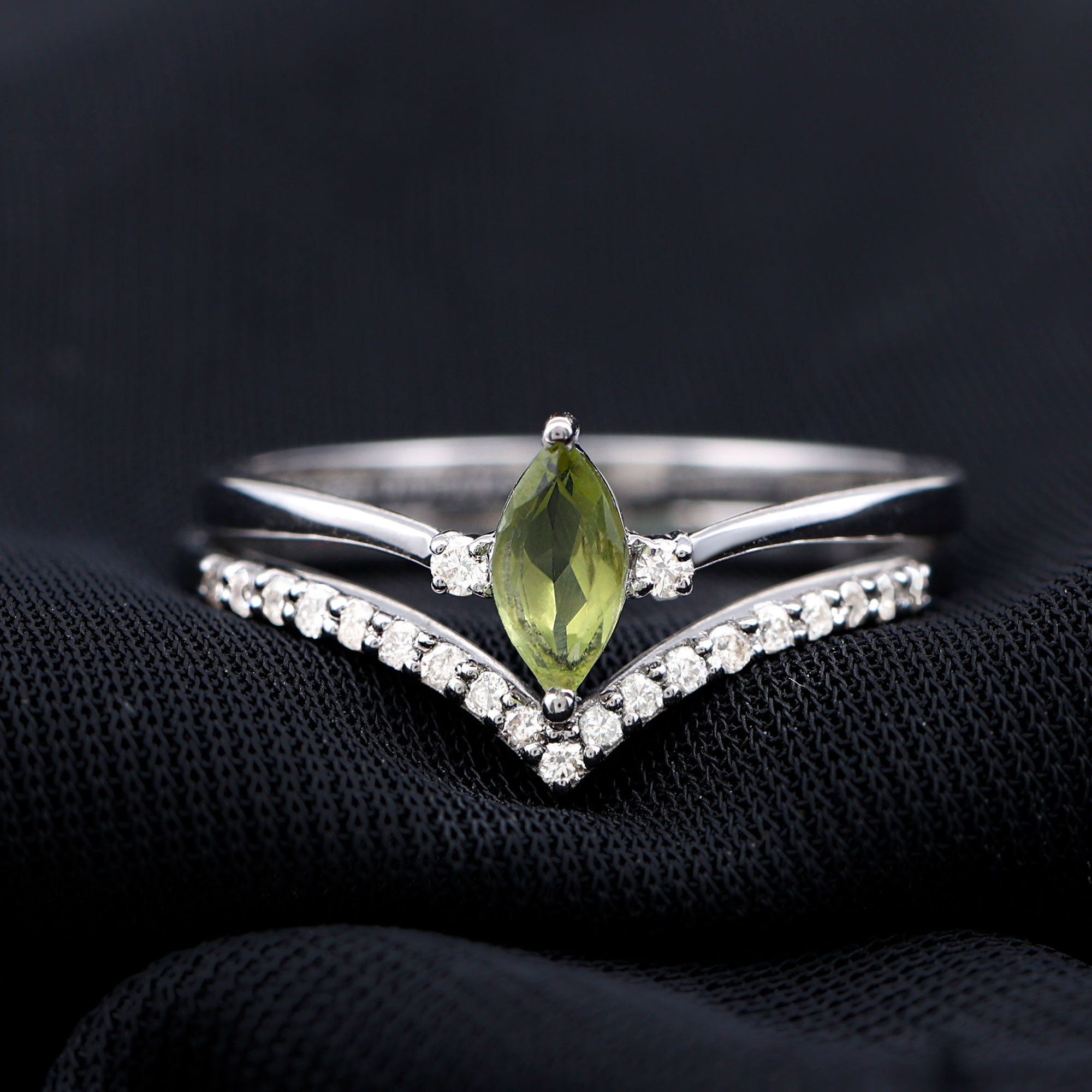 Rosec Jewels-Marquise Cut Peridot Solitaire Wedding Ring Set with Diamond