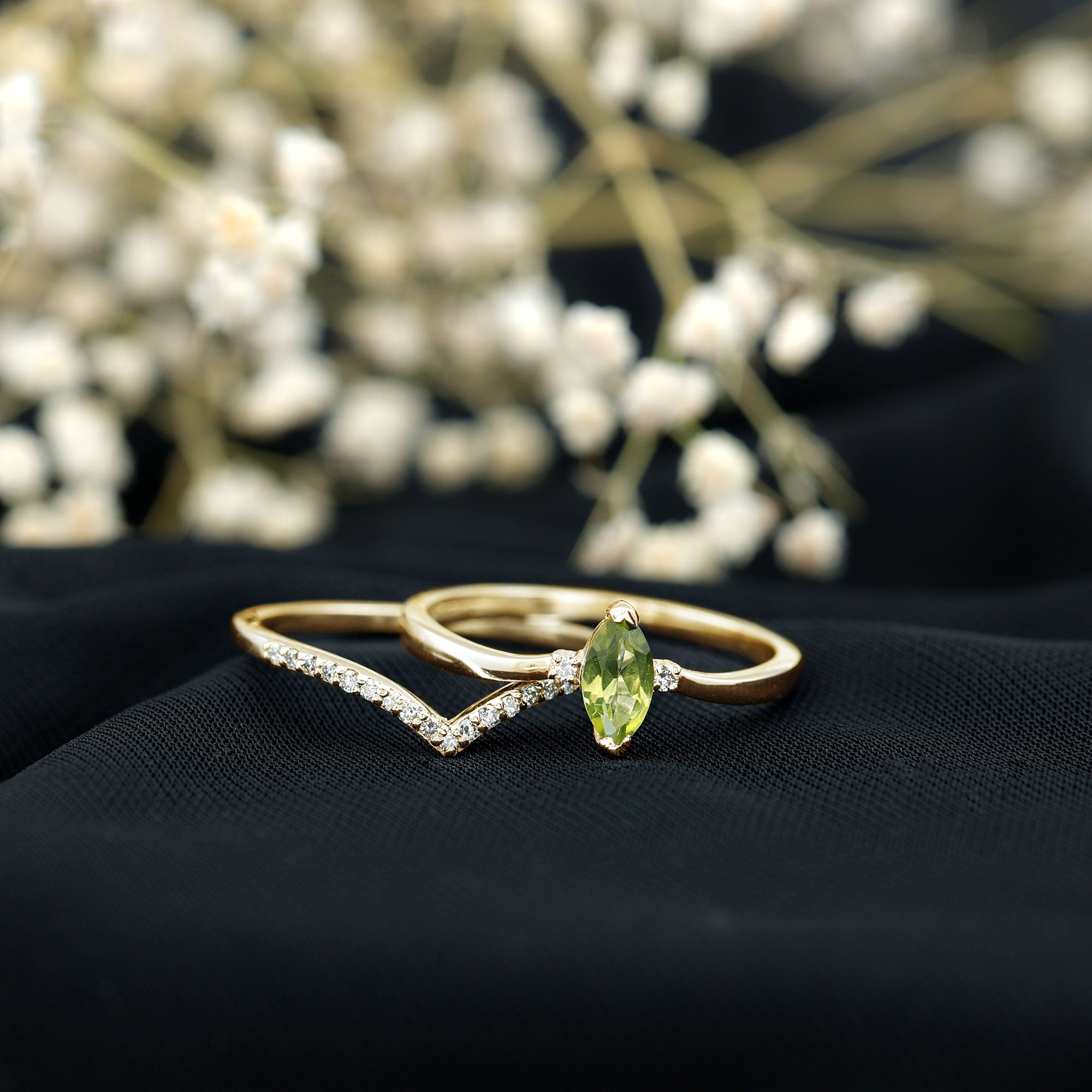Rosec Jewels-Marquise Cut Peridot Solitaire Wedding Ring Set with Diamond