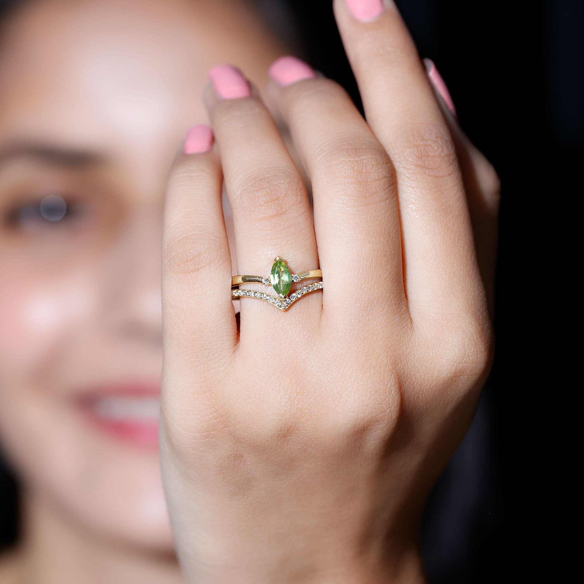 Rosec Jewels-Marquise Cut Peridot Solitaire Wedding Ring Set with Diamond
