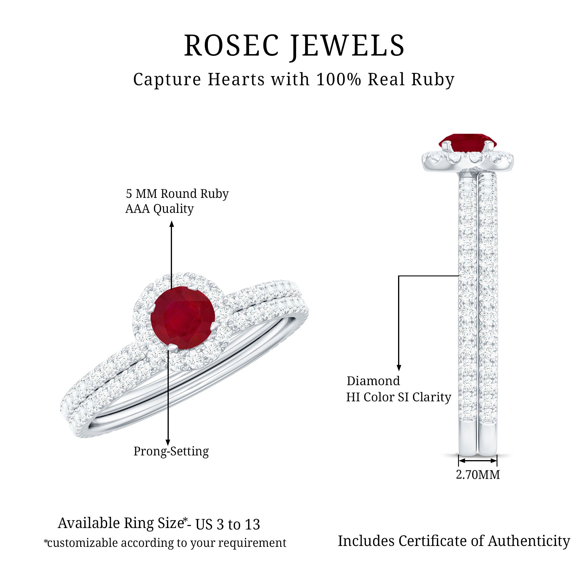 Rosec Jewels-Natural Ruby Wedding Engagement Ring Set with Diamond