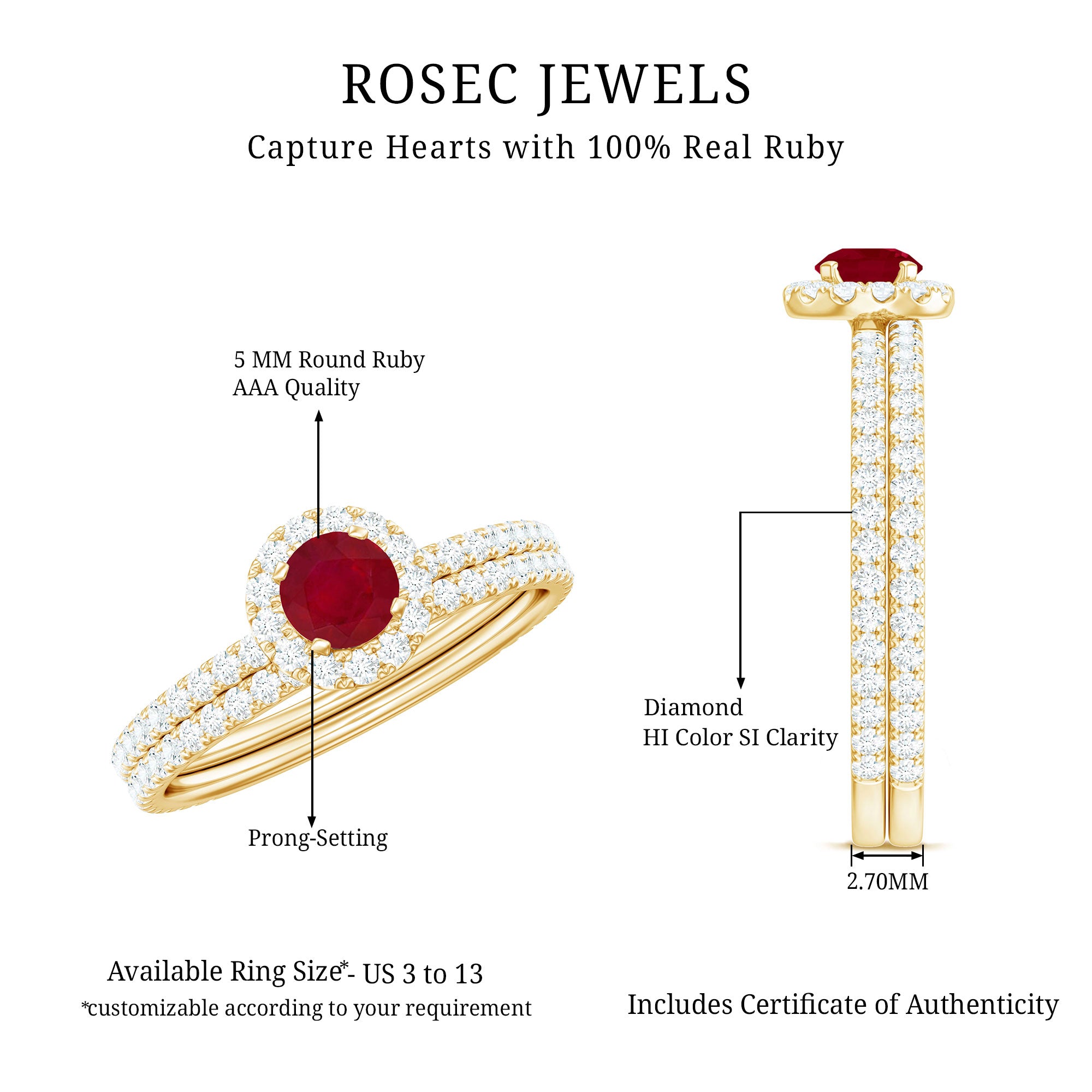 Rosec Jewels-Natural Ruby Wedding Engagement Ring Set with Diamond