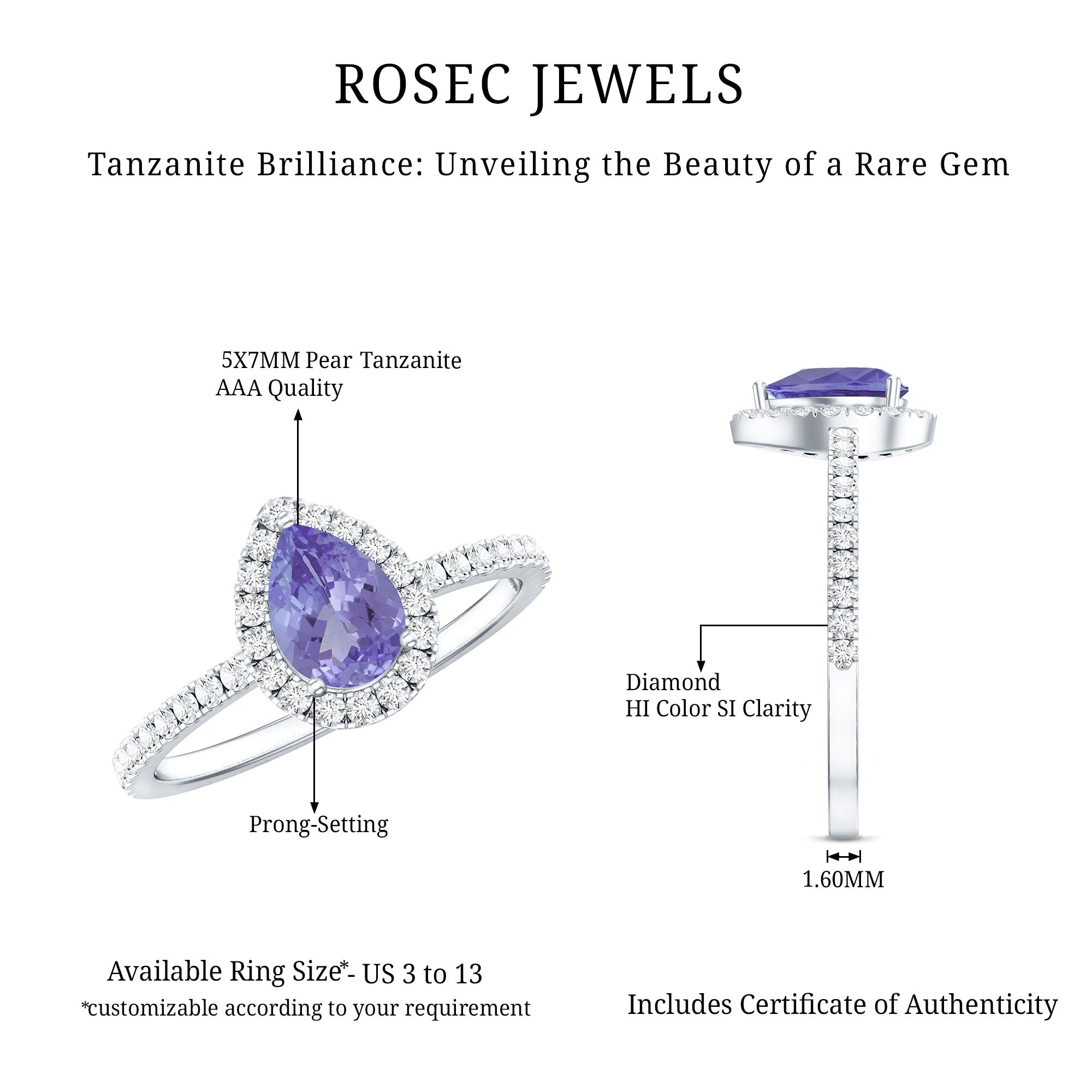 Rosec Jewels-Real Pear Shape Tanzanite Teardrop Engagement Ring with Diamond Halo