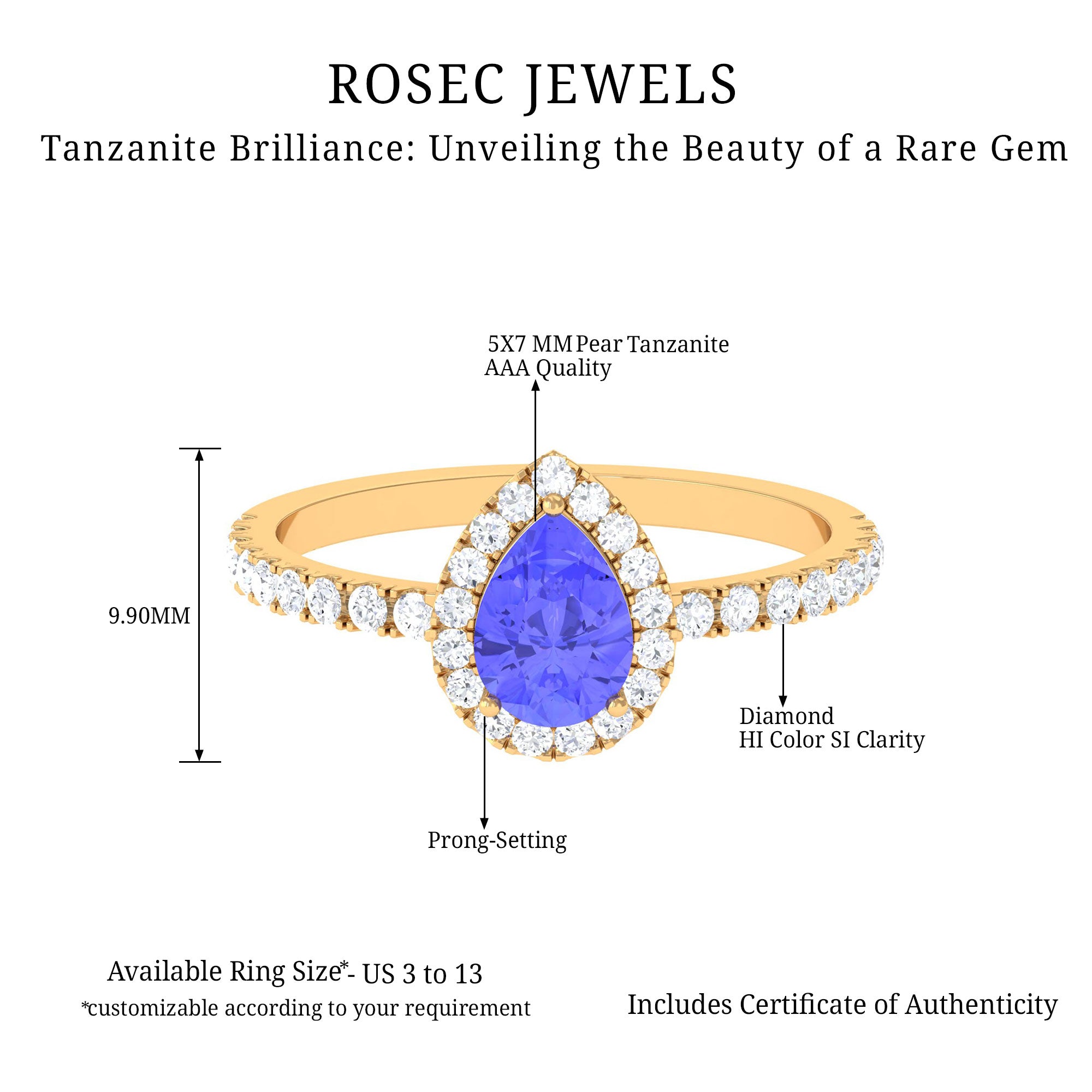 Pear Shaped Tanzanite Halo Engagement Ring with Diamond Tanzanite - ( AAA ) - Quality - Rosec Jewels