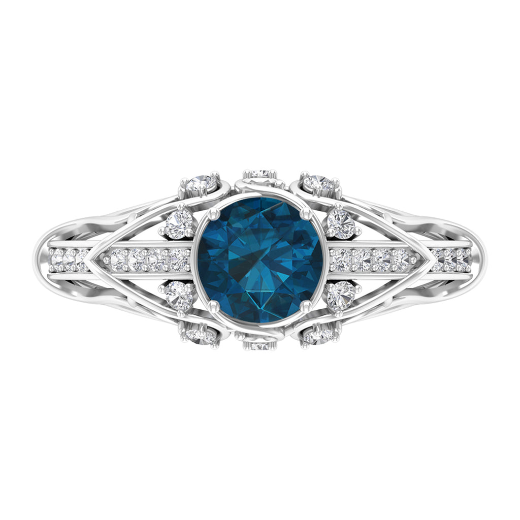 1 CT London Blue Topaz Solitaire and Diamond Vintage Ring London Blue Topaz - ( AAA ) - Quality - Rosec Jewels