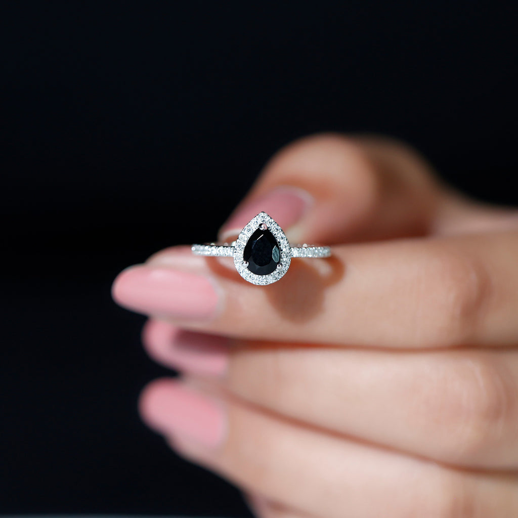 Black Onyx Teardrop Engagement Ring with Diamond Halo Black Onyx - ( AAA ) - Quality - Rosec Jewels