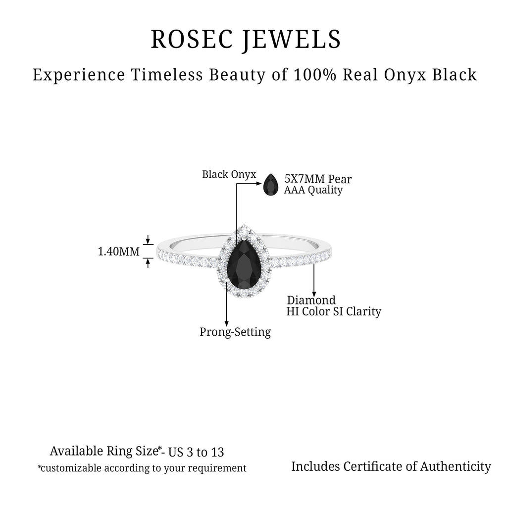 Black Onyx Teardrop Engagement Ring with Diamond Halo Black Onyx - ( AAA ) - Quality - Rosec Jewels