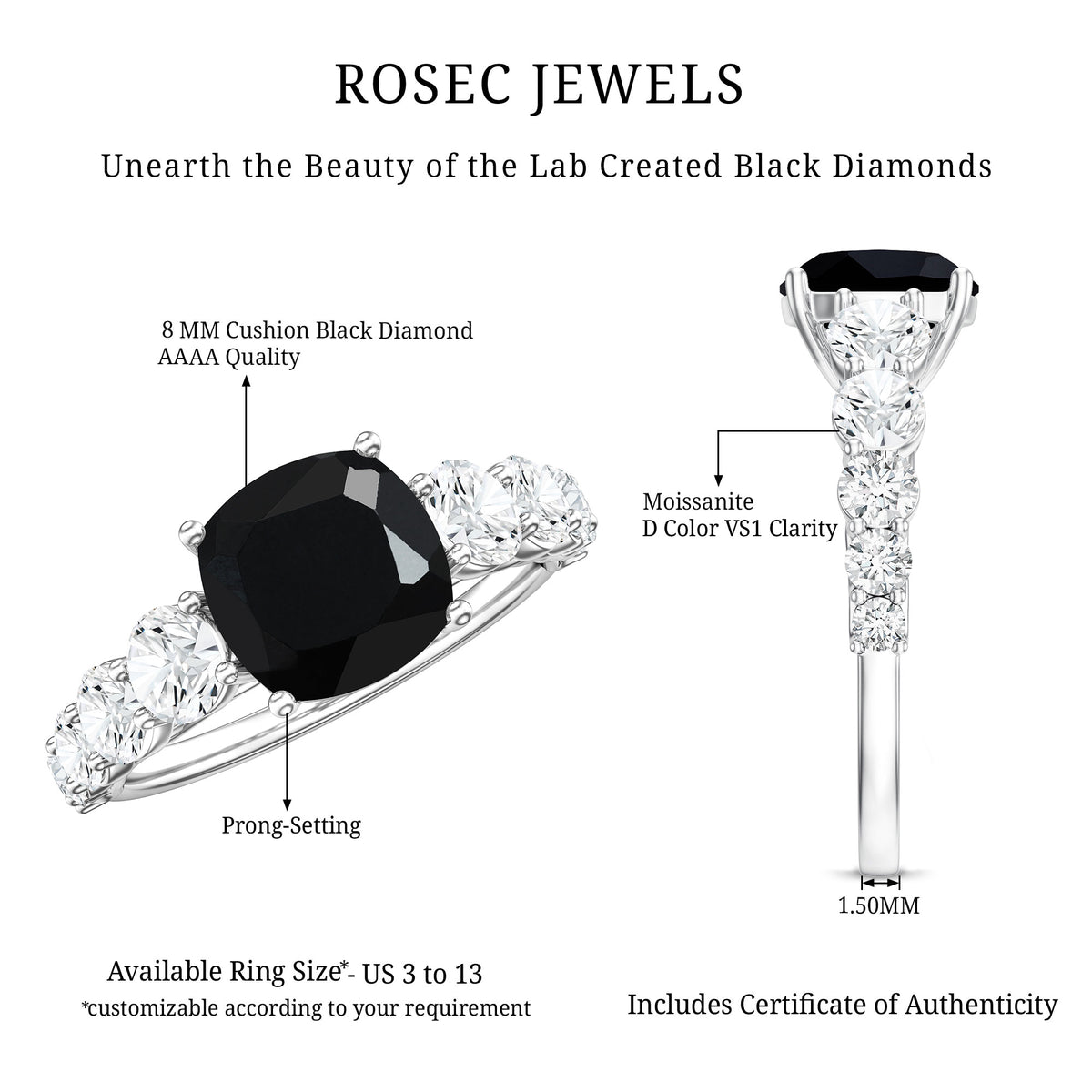 Certified 2.8 Carat Lab Grown Black Diamond Cushion Cut Engagement Ring with Side Stones AAAA ( Synthetic ) - Rosec Jewels