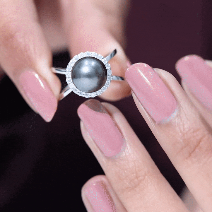 Tahitian Pearl and Diamond Halo Engagement Ring in Criss Cross Shank Tahitian pearl - ( AAA ) - Quality - Rosec Jewels