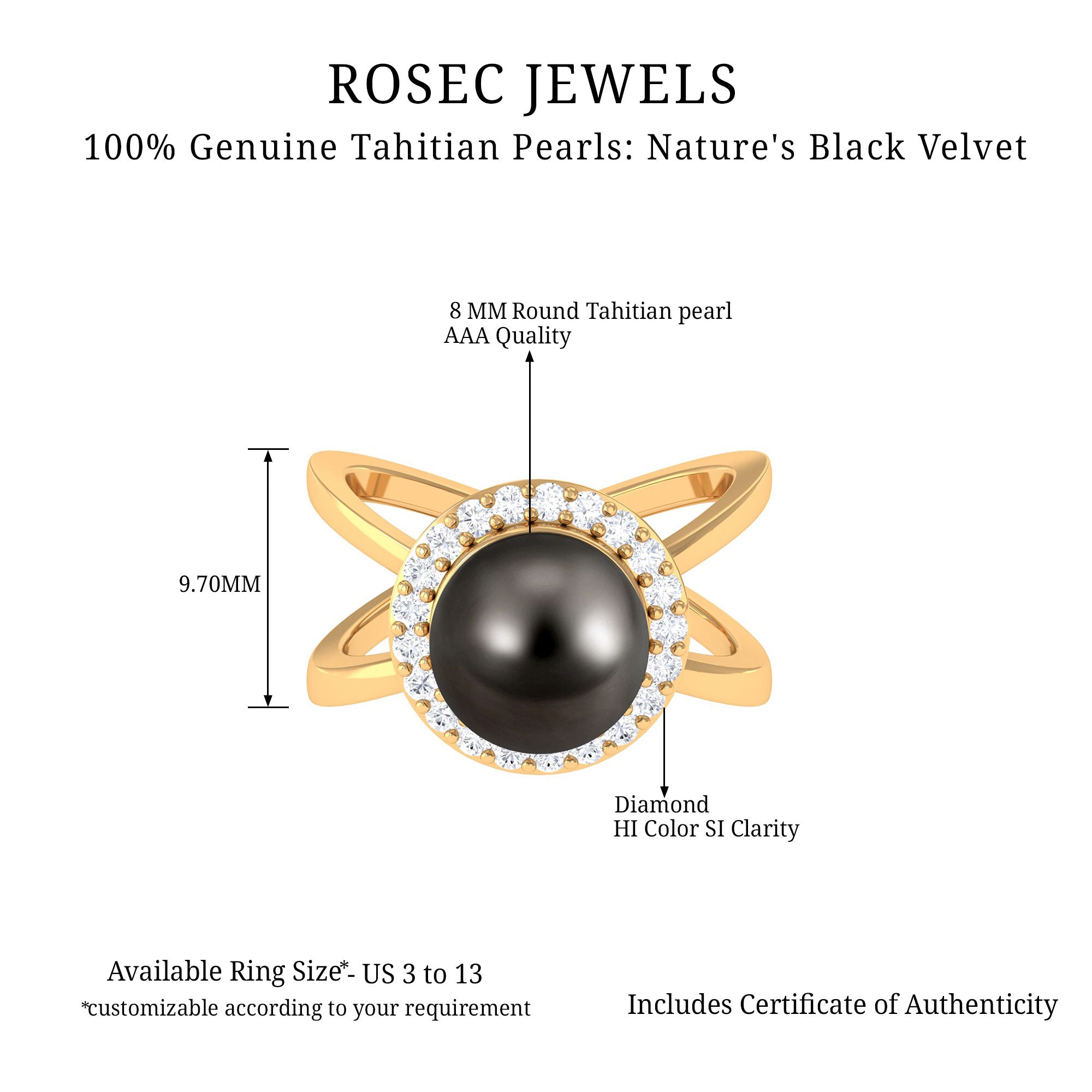 Tahitian Pearl and Diamond Halo Engagement Ring in Criss Cross Shank Tahitian pearl - ( AAA ) - Quality - Rosec Jewels