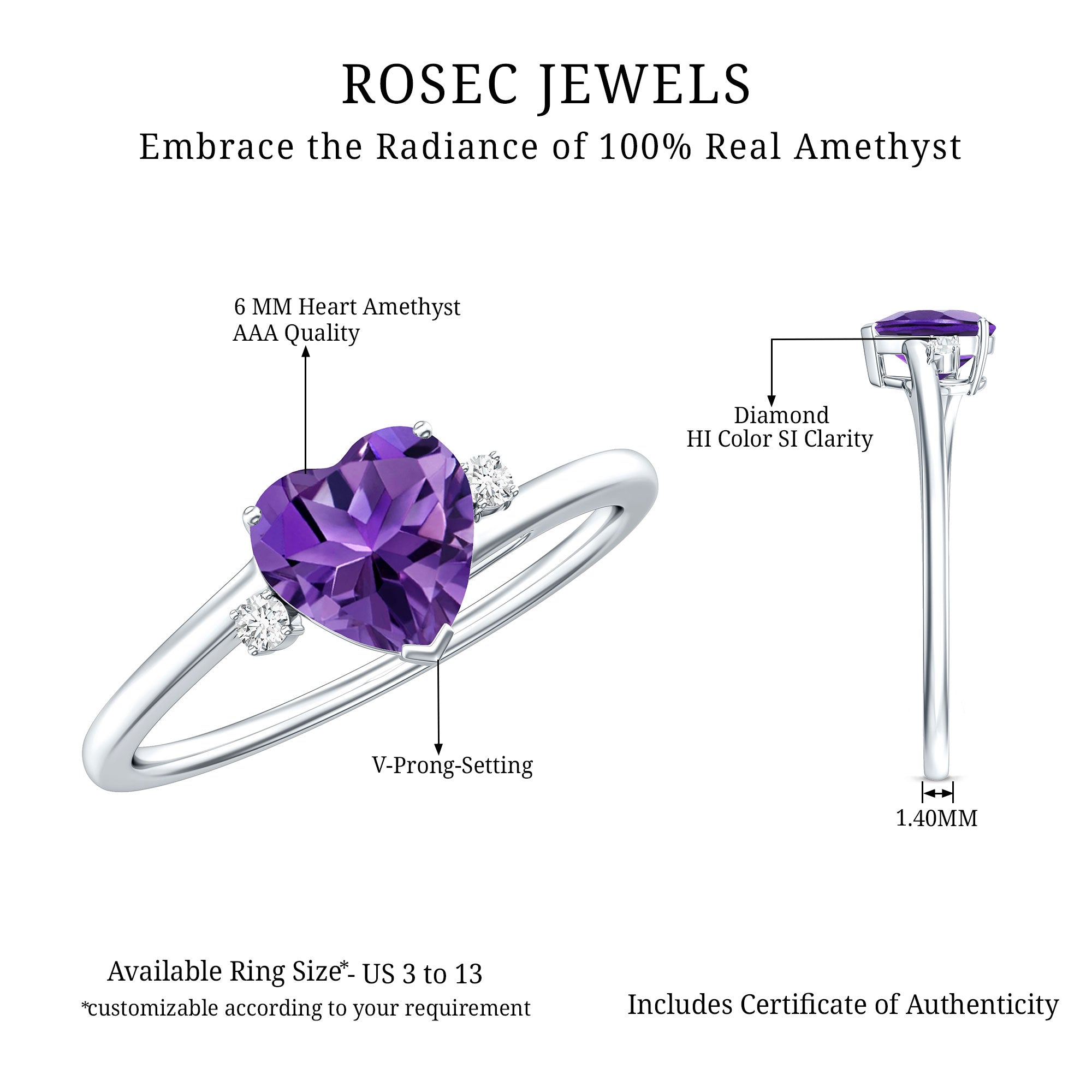 Rosec Jewels-Real 0.9 Carat Amethyst Heart Engagement Ring with Diamond
