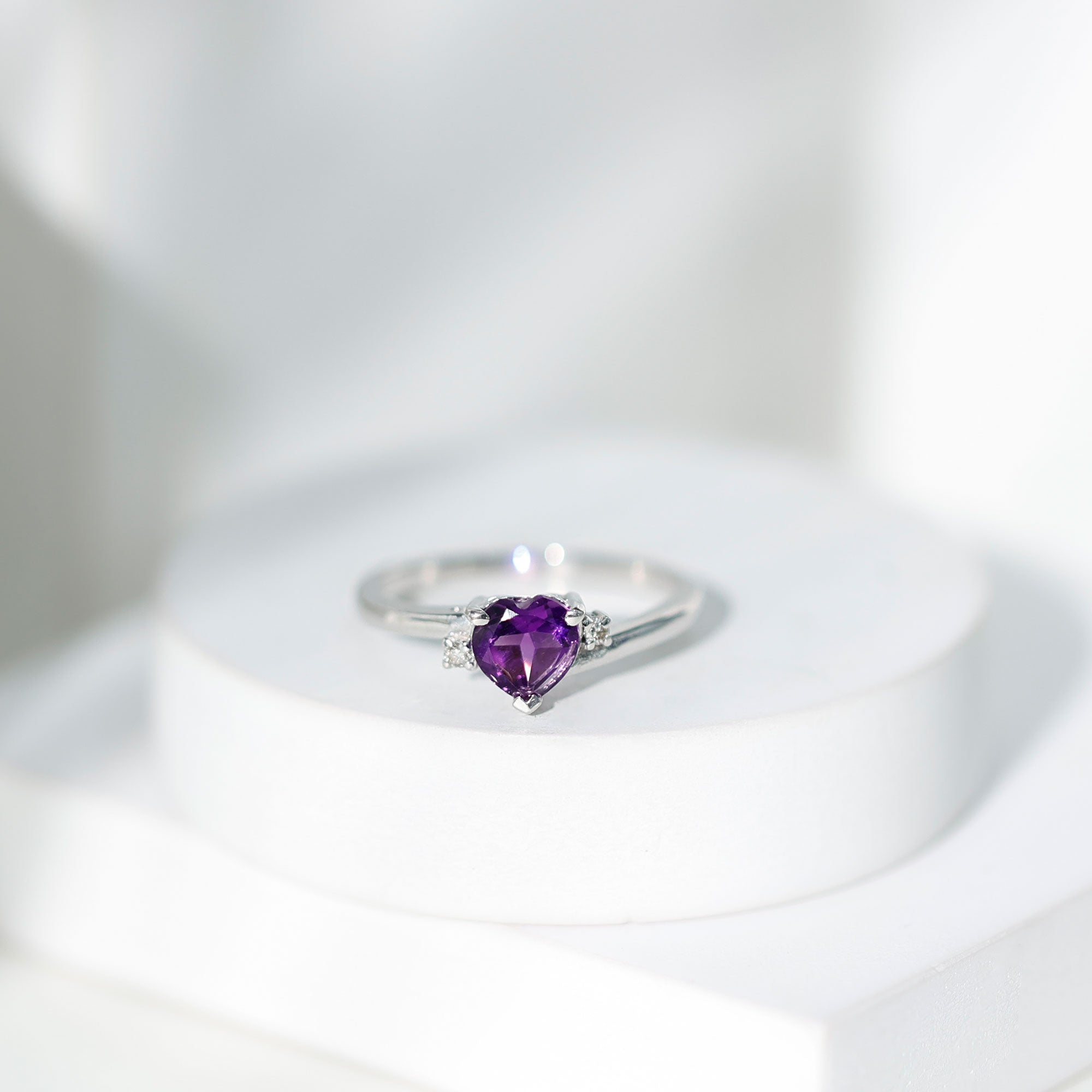 Rosec Jewels-Real 0.9 Carat Amethyst Heart Engagement Ring with Diamond