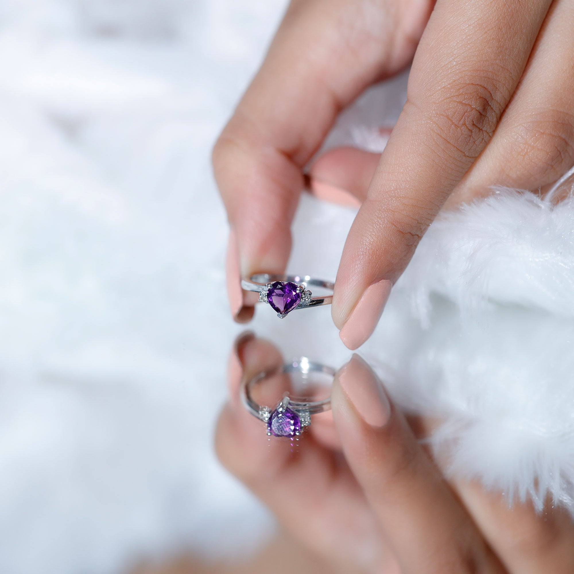 Rosec Jewels-Real 0.9 Carat Amethyst Heart Engagement Ring with Diamond