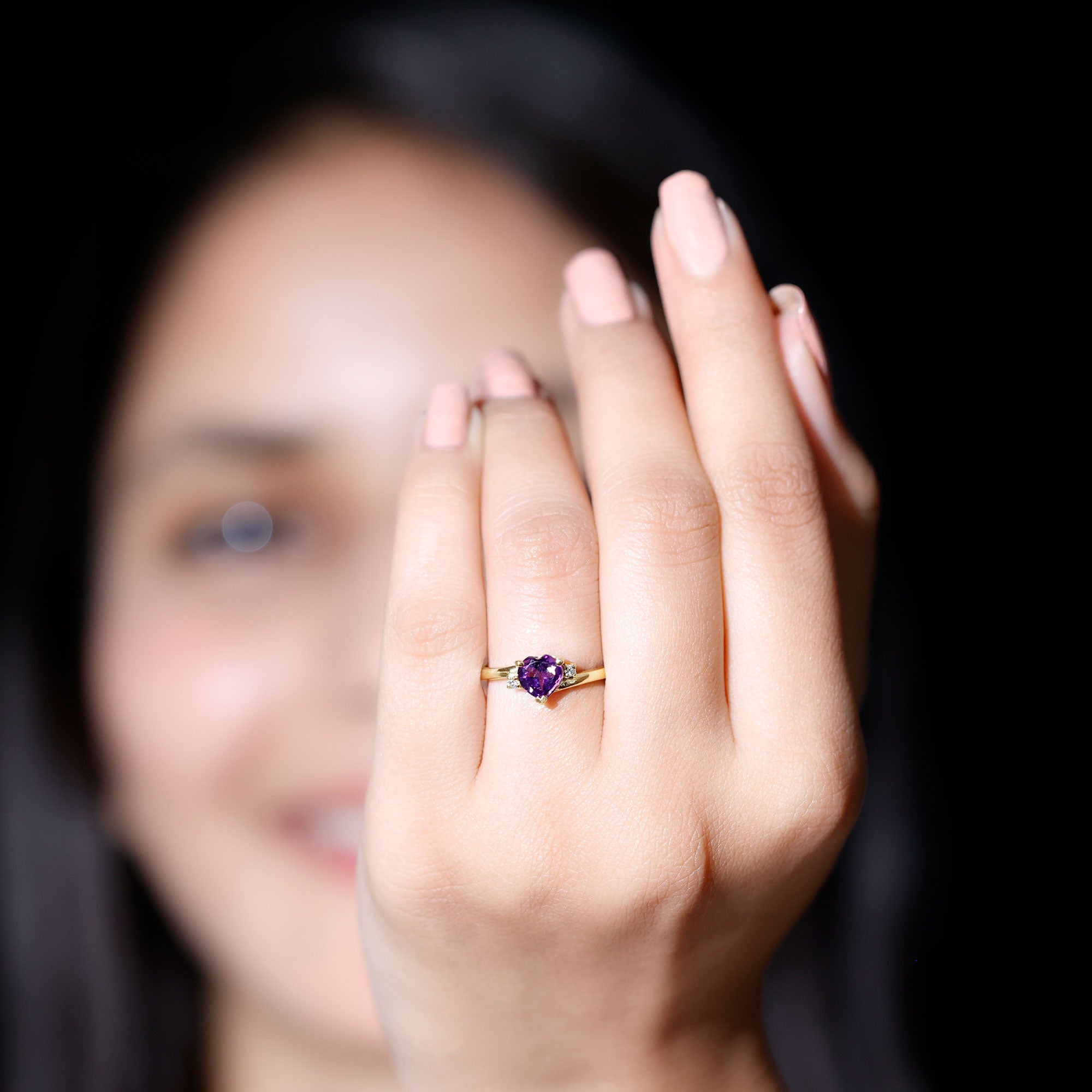Rosec Jewels-Real 0.9 Carat Amethyst Heart Engagement Ring with Diamond
