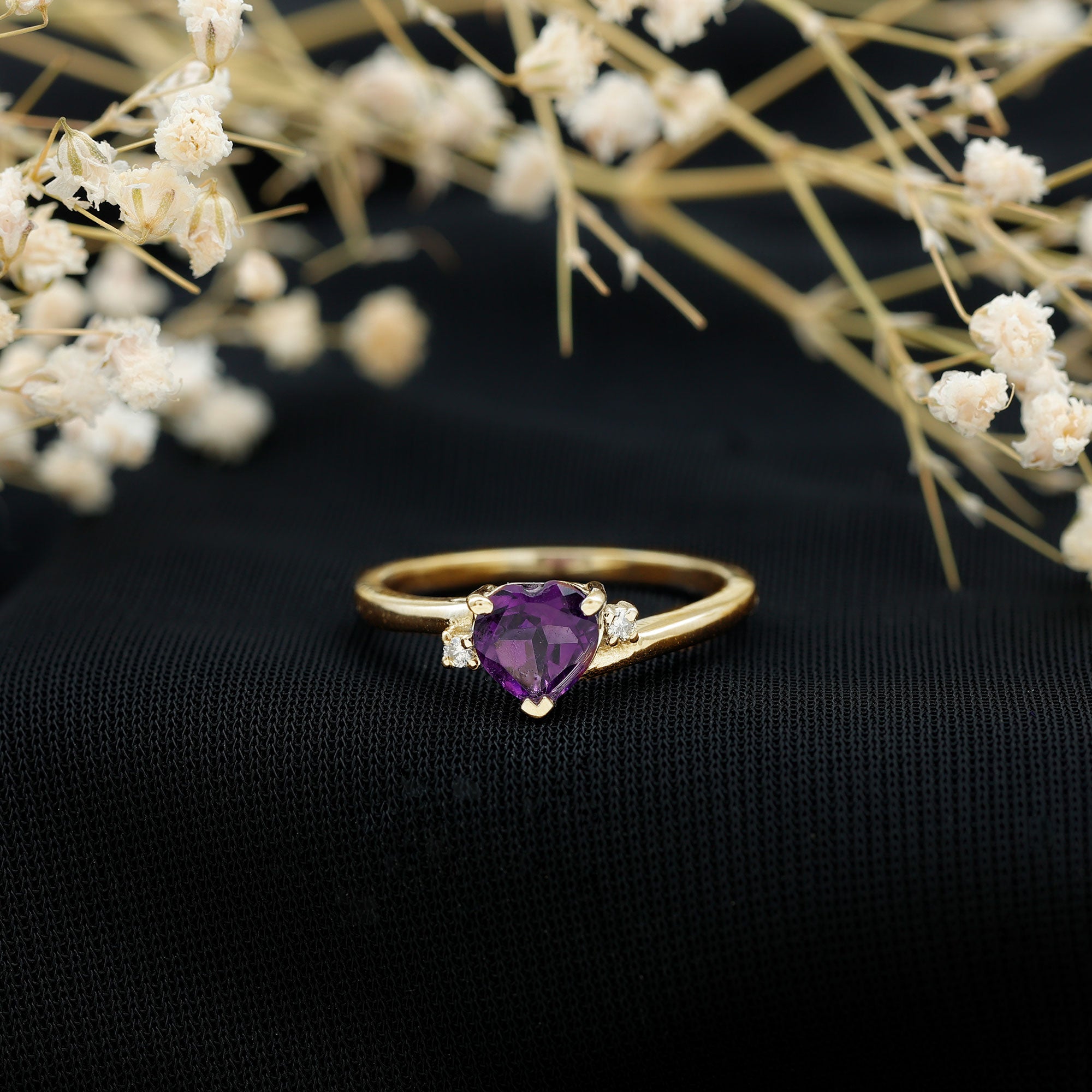 Rosec Jewels-Real 0.9 Carat Amethyst Heart Engagement Ring with Diamond