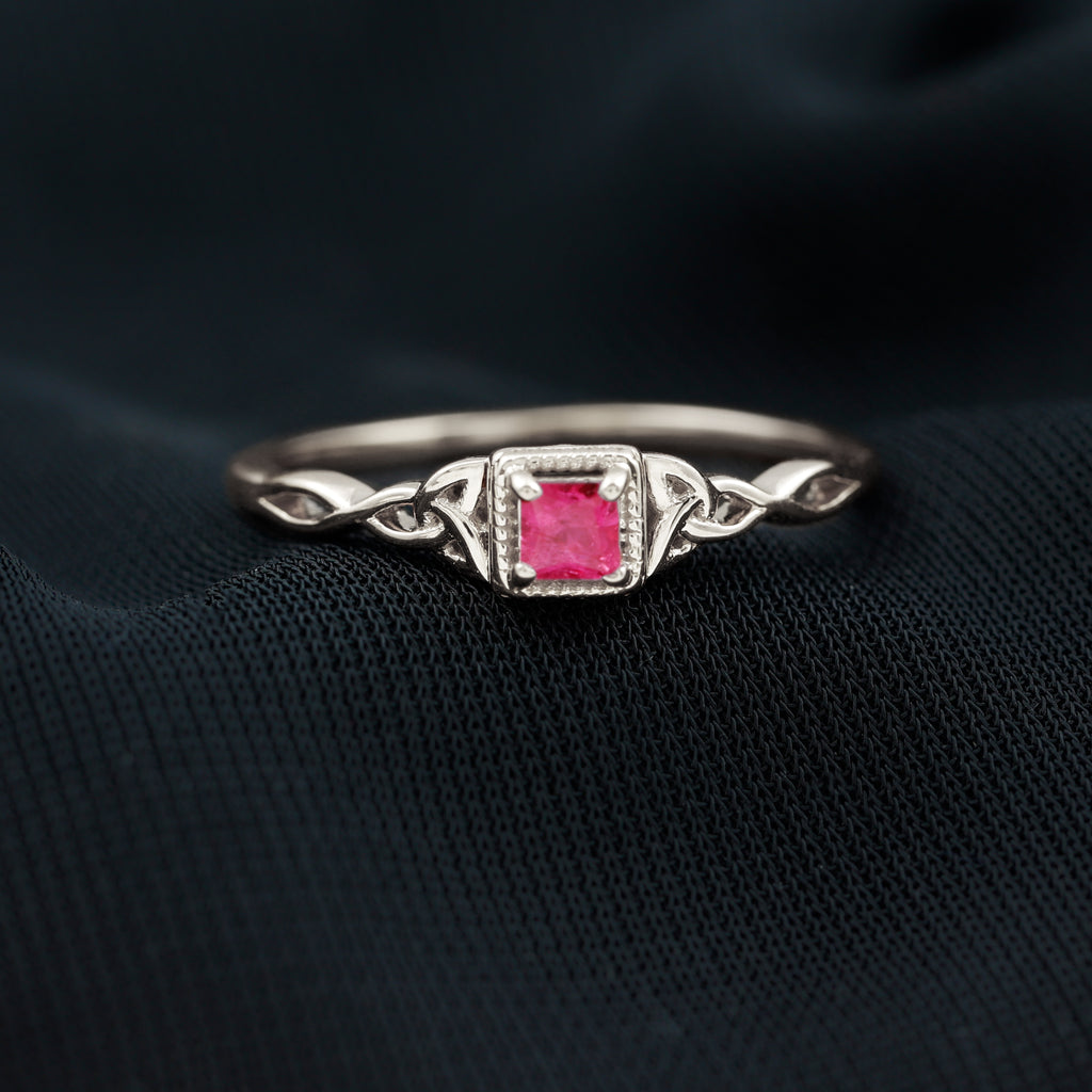 Princess Cut Solitaire Ruby Celtic Knot Ring Ruby - ( AAA ) - Quality - Rosec Jewels