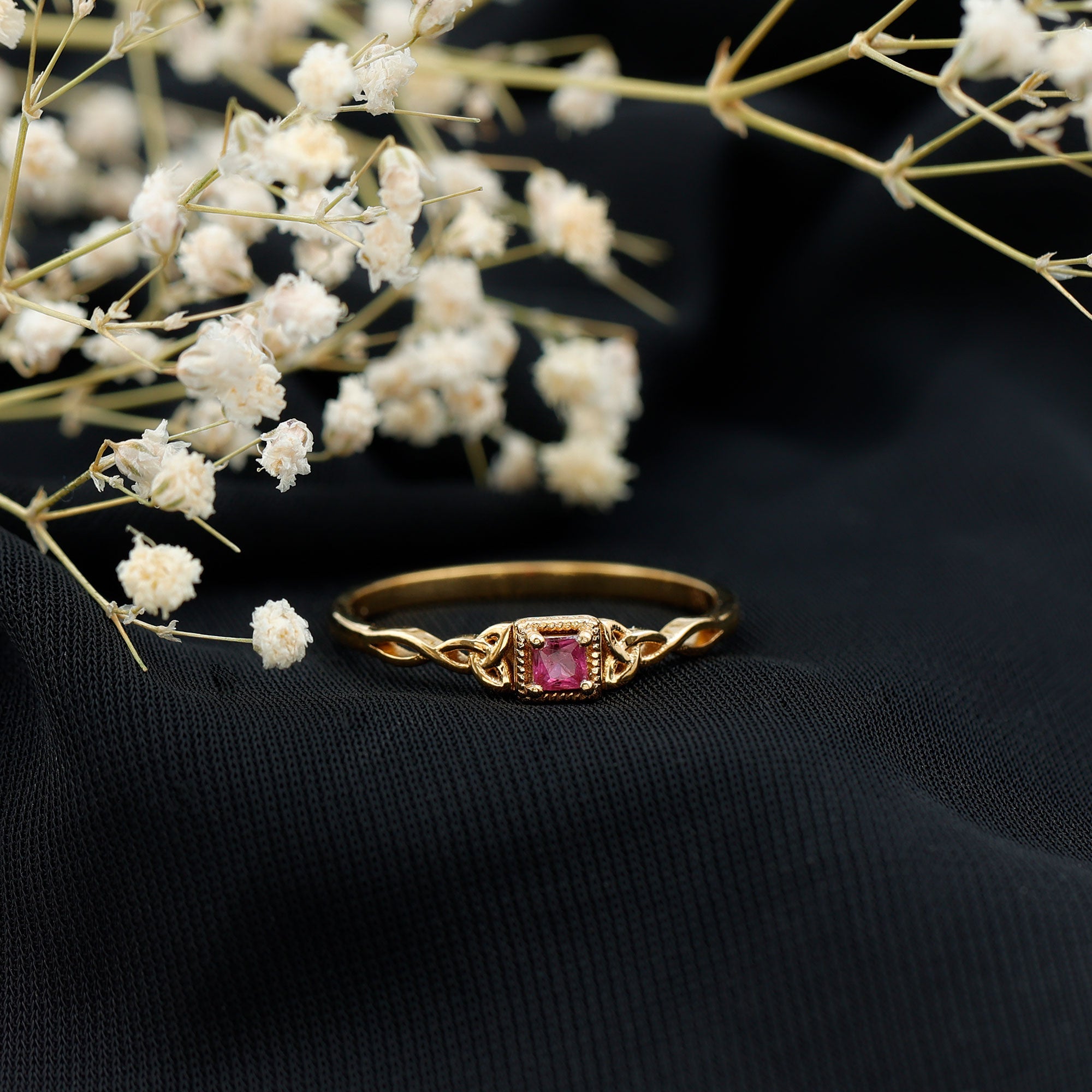Rosec Jewels-Real Princess Cut Ruby Promise Ring with Celtic Knot