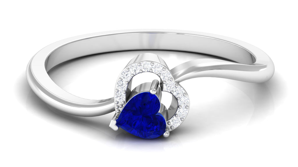 Heart Shape Blue Sapphire and Diamond Twisted Promise Ring Blue Sapphire - ( AAA ) - Quality - Rosec Jewels