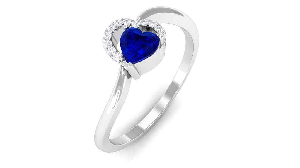 Heart Shape Blue Sapphire and Diamond Twisted Promise Ring Blue Sapphire - ( AAA ) - Quality - Rosec Jewels