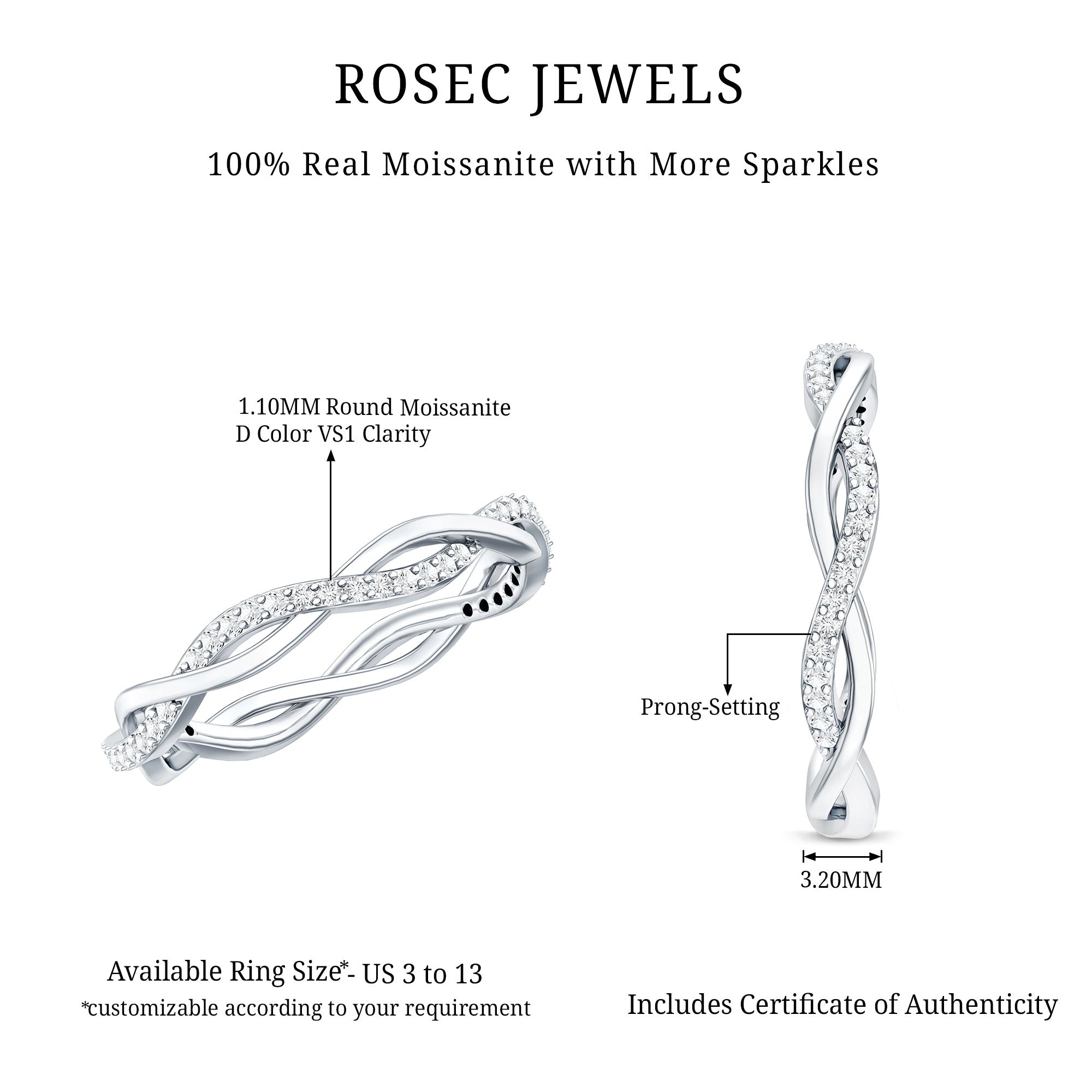 Certified Moissanite Infinity Eternity Band Ring D-VS1 - Rosec Jewels