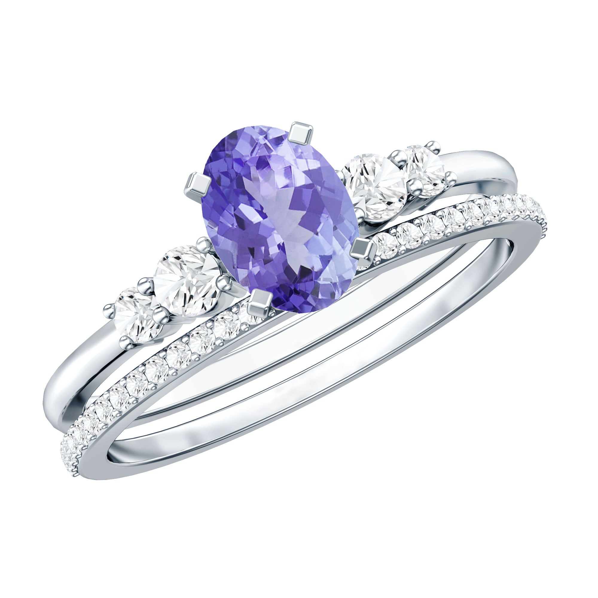 Natural 0.9 Carat Tanzanite and Diamond Oval Engagement Ring with Wedding Band AAA 92.5 Sterling Silver - Rosec Jewels