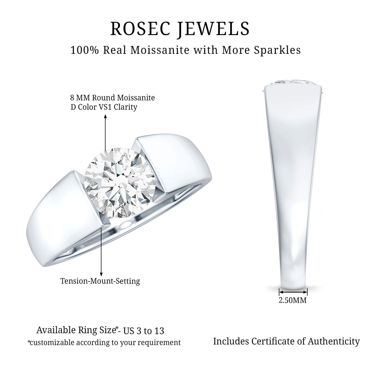 Rosec Jewels-IGI Graded 2 Carat Lab Grown Diamond Engagement Ring for Men