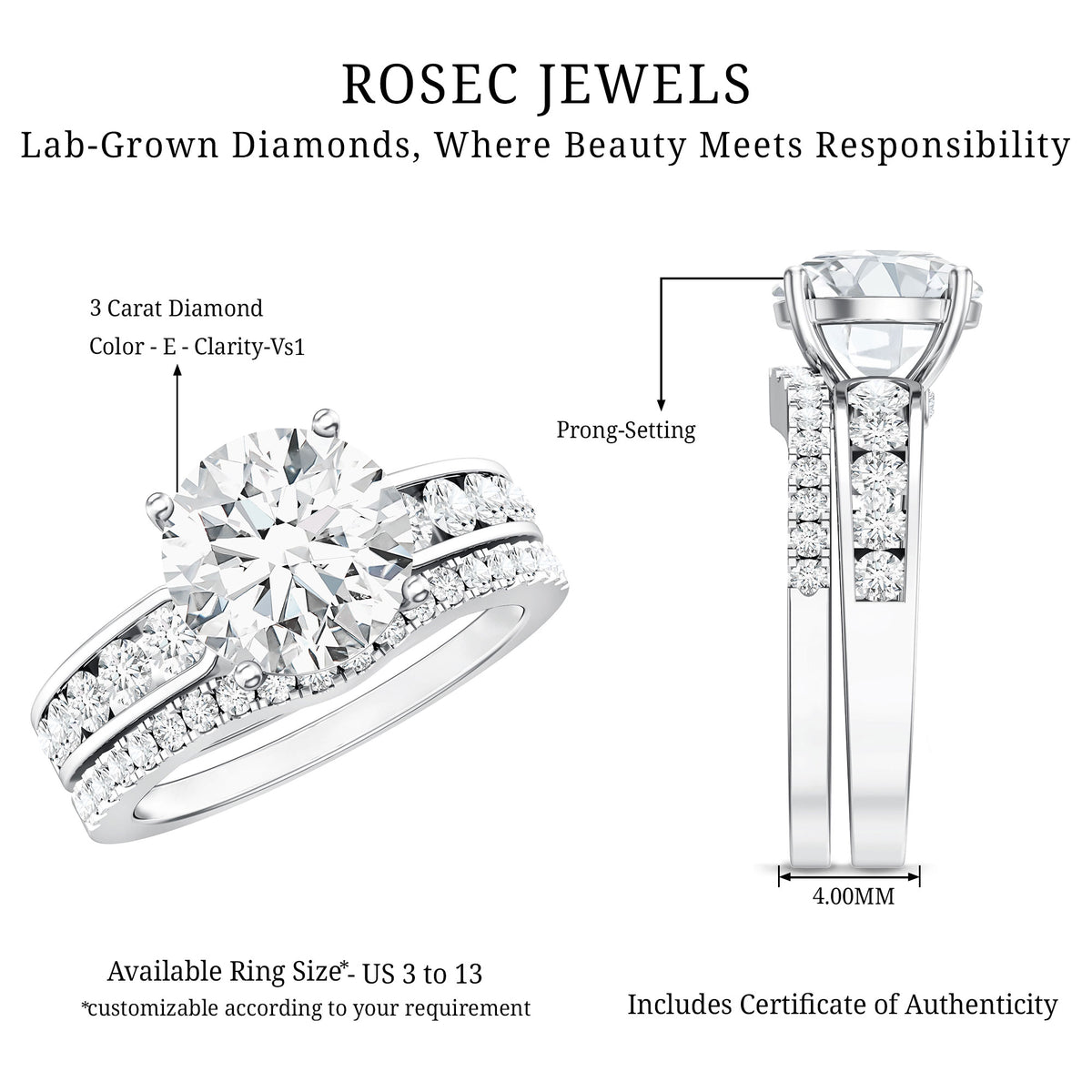 Rosec Jewels-IGI Authenticated Lab Grown 3 Carat Diamond Engagement Ring with Wedding Band