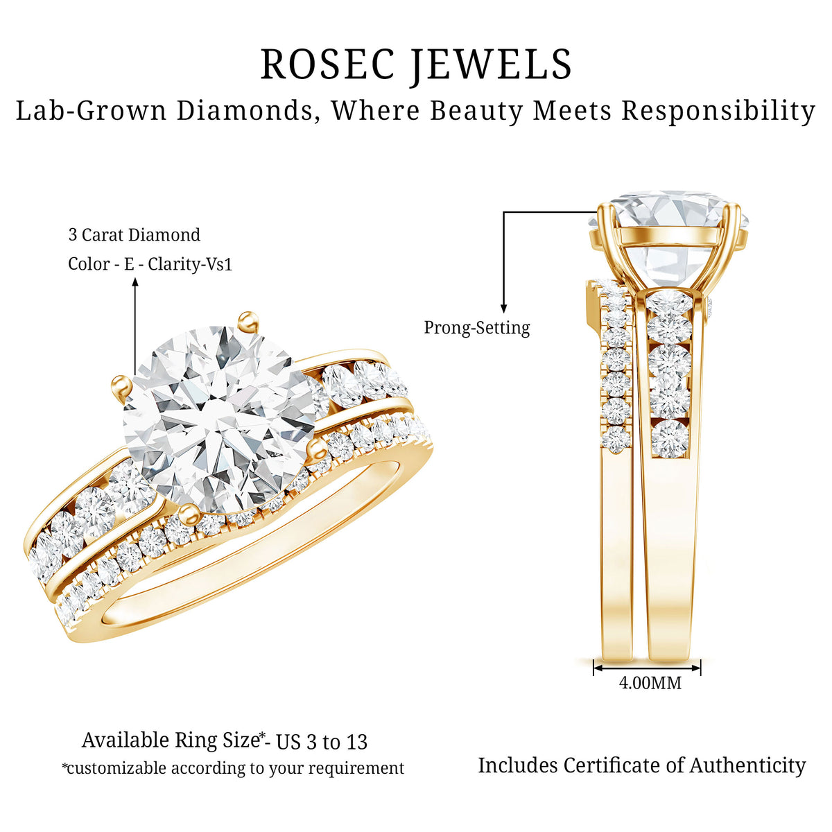 Rosec Jewels-IGI Authenticated Lab Grown 3 Carat Diamond Engagement Ring with Wedding Band
